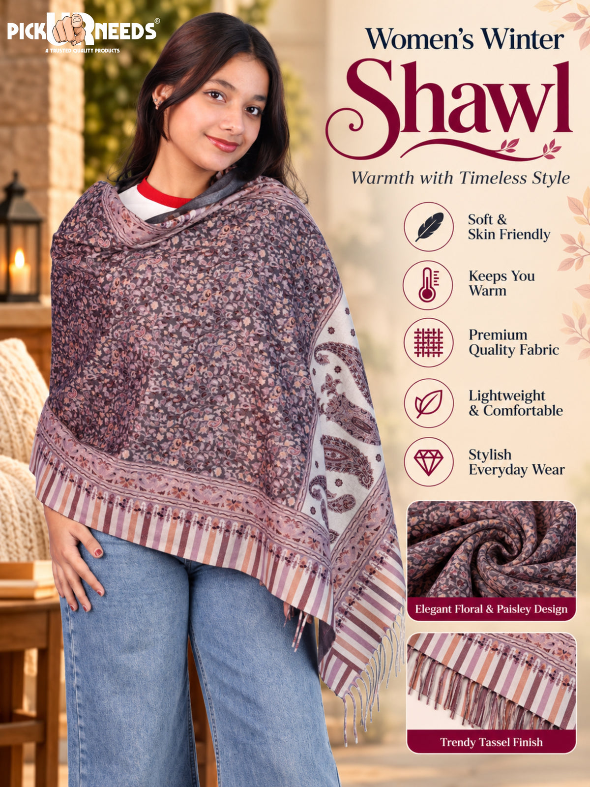 Pick Ur Needs Women Winter Shawl & Muffler Soft Warm Floral Paisley Printed Stole with Tassels Stylish Lightweight Neck Wrap Scarf for Women & Girls
