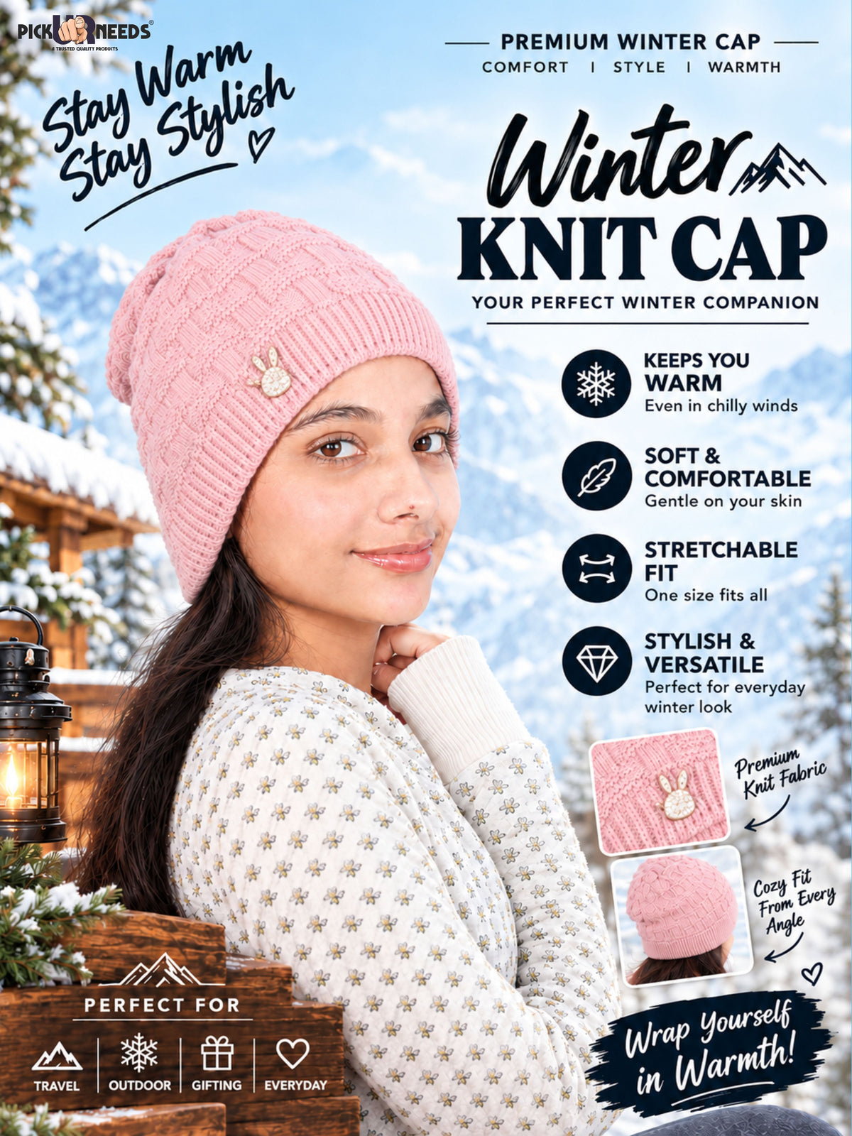Pick Ur Needs Stylish Winter Cap for Women & Girls Warm Cozy Stretchable with Soft Knit Fabric