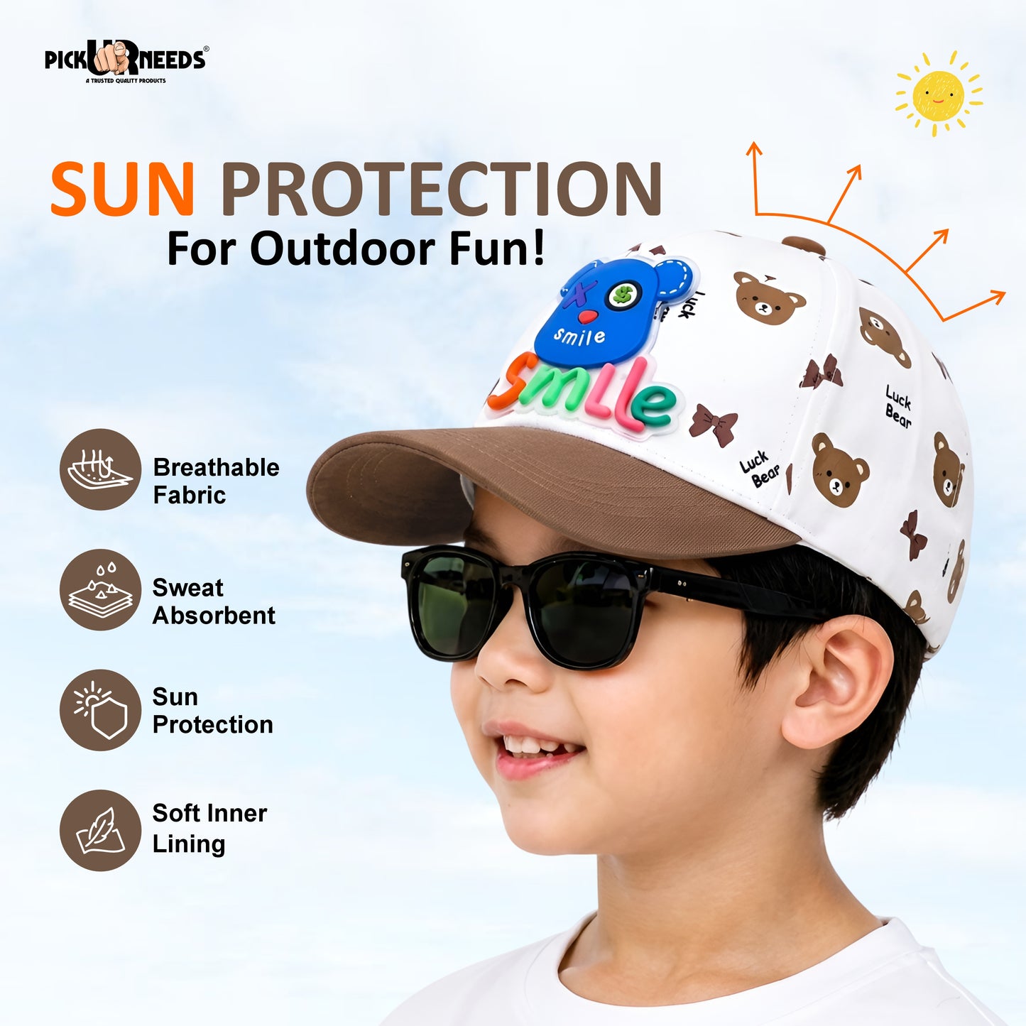Pick Ur Needs Cute Smile Bear Kids Baseball Cartoon Printed Adjustable Cap for Boys & Girls Lightweight Hat
