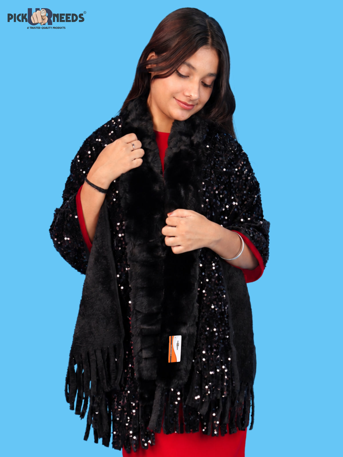 Pick Ur Needs Premium Winter Women Shawl with Shimmering Sequin Work & Soft Fur Border Elegant Warm Designer Shawls with Fringe Tassels for Ladies & Girls