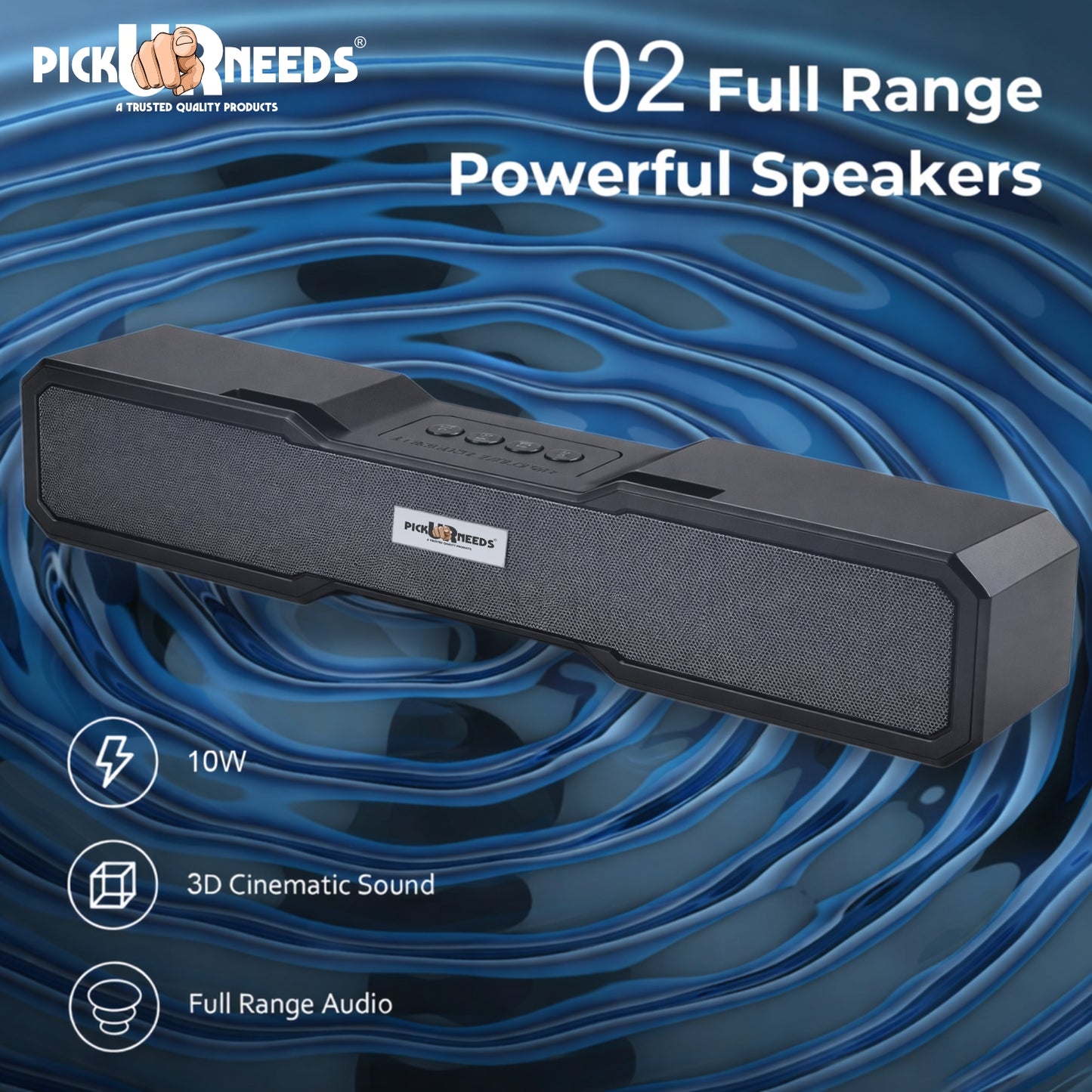Pick Ur Needs Rechargeable 10W Smart Wireless Desktop Soundbar Speaker with Bluetooth 2400mAh Battery, FM Radio, TWS, TF Card, USB & AUX Support – 6 Hours Playtime