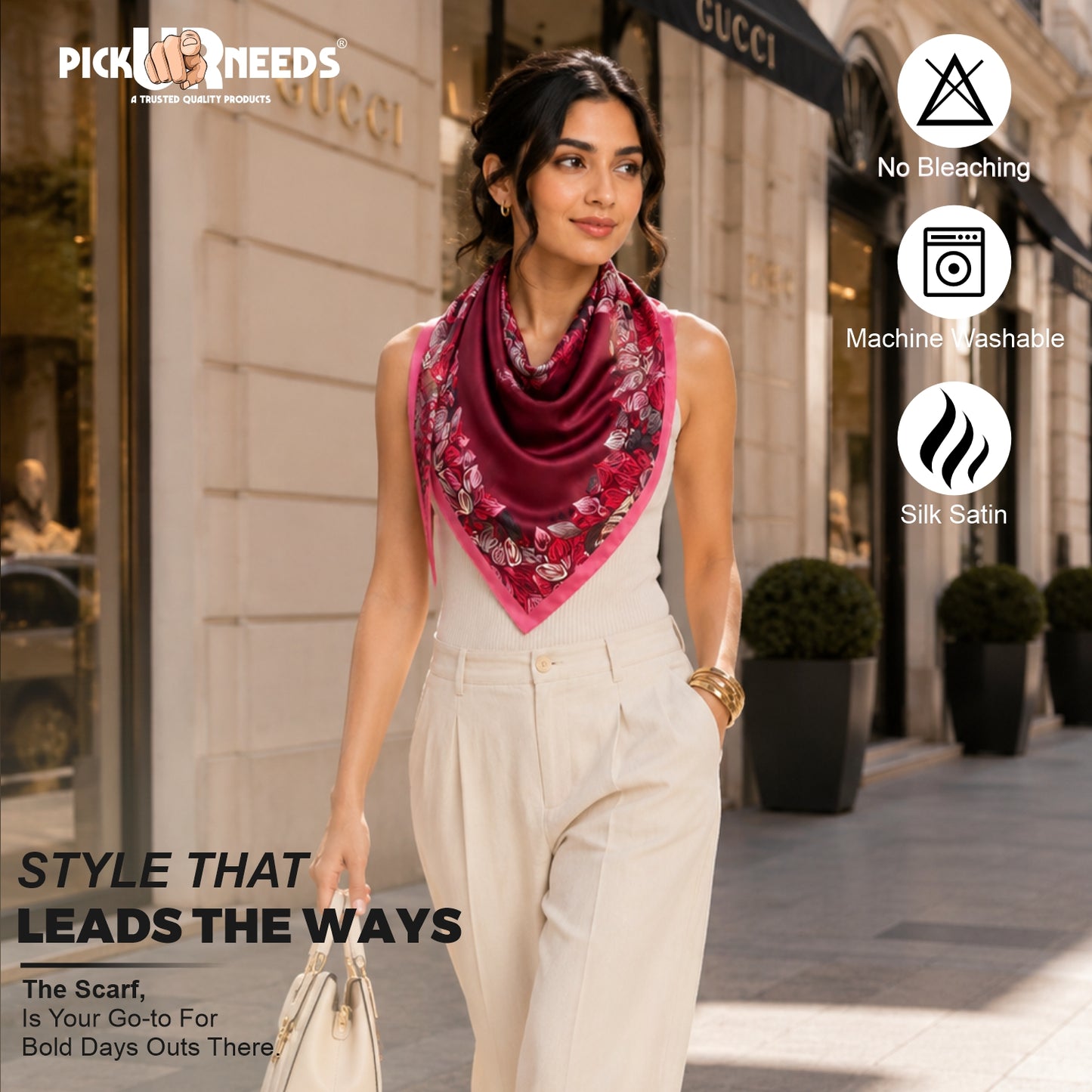 Pick Ur Needs Premium Satin Silk Feel Rectangle Scarf for Womens & Girls Floral Printed Long Fashion Stall Soft Lightweight Neck, Head & Shoulder Wrap