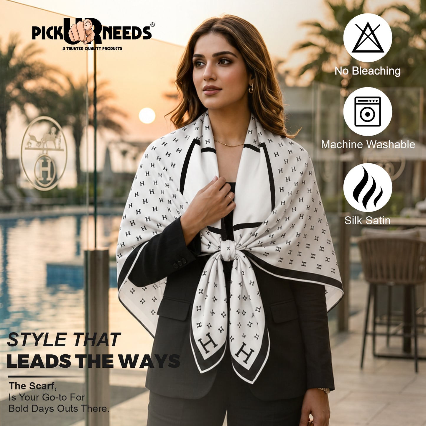 Pick Ur Needs Elegant Womens Premium Printed Satin Silk Feel Square Neck & Head Girls Scarf
