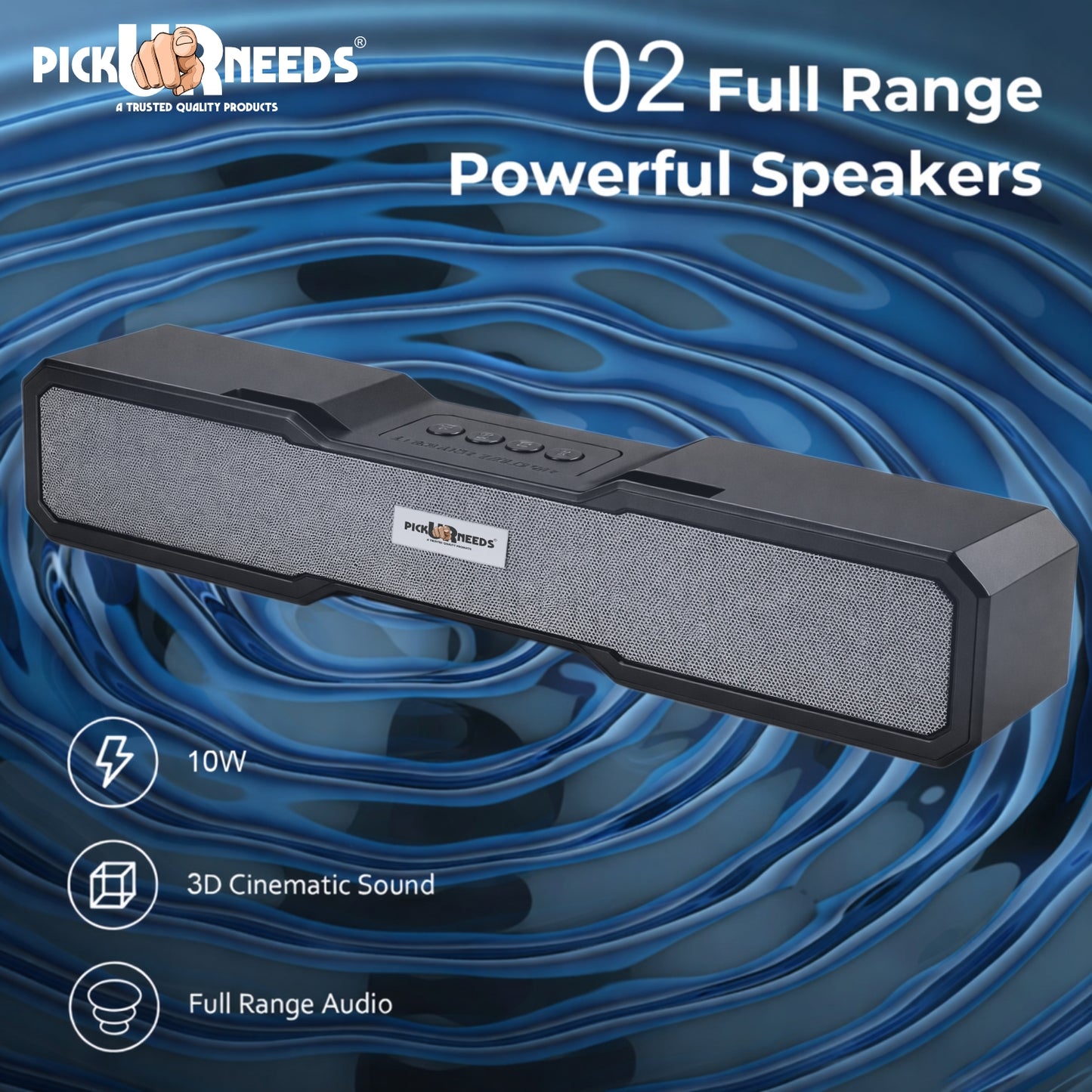 Pick Ur Needs Rechargeable 10W Smart Wireless Desktop Soundbar Speaker with Bluetooth 2400mAh Battery, FM Radio, TWS, TF Card, USB & AUX Support – 6 Hours Playtime