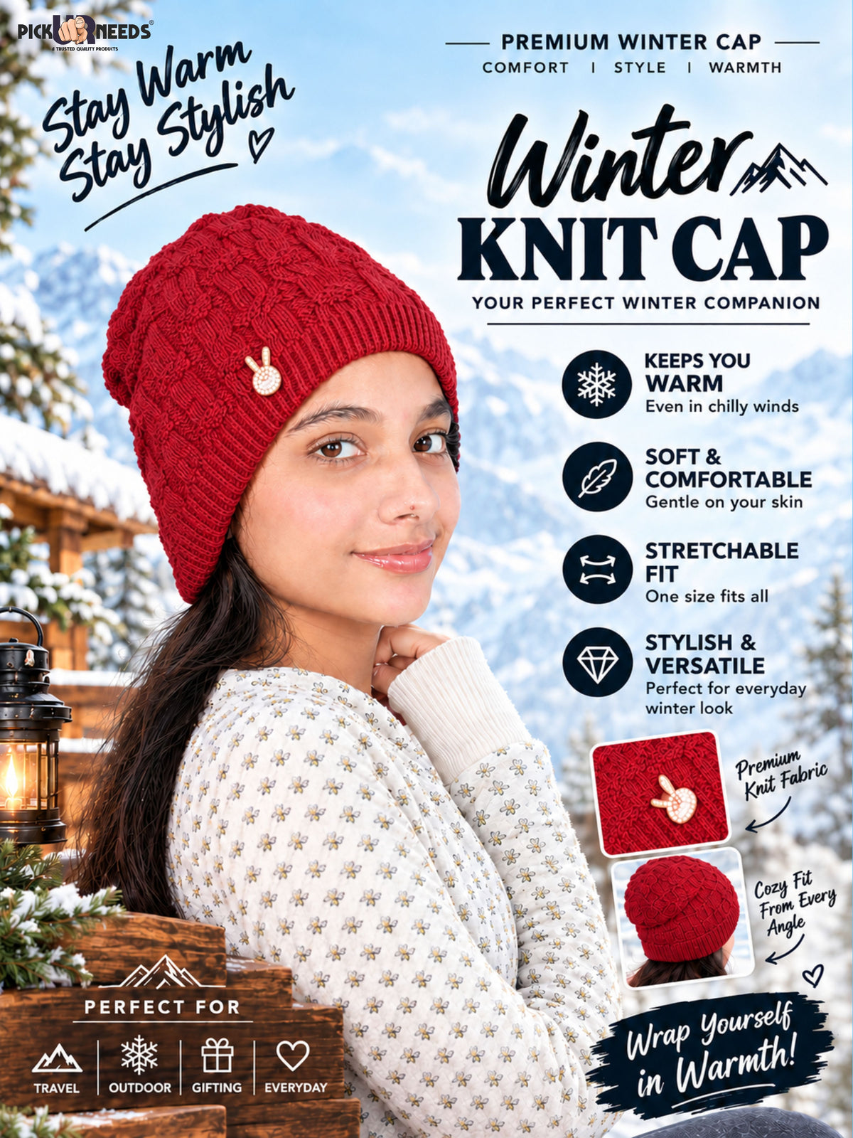 Pick Ur Needs Stylish Winter Cap for Women & Girls Warm Cozy Stretchable with Soft Knit Fabric