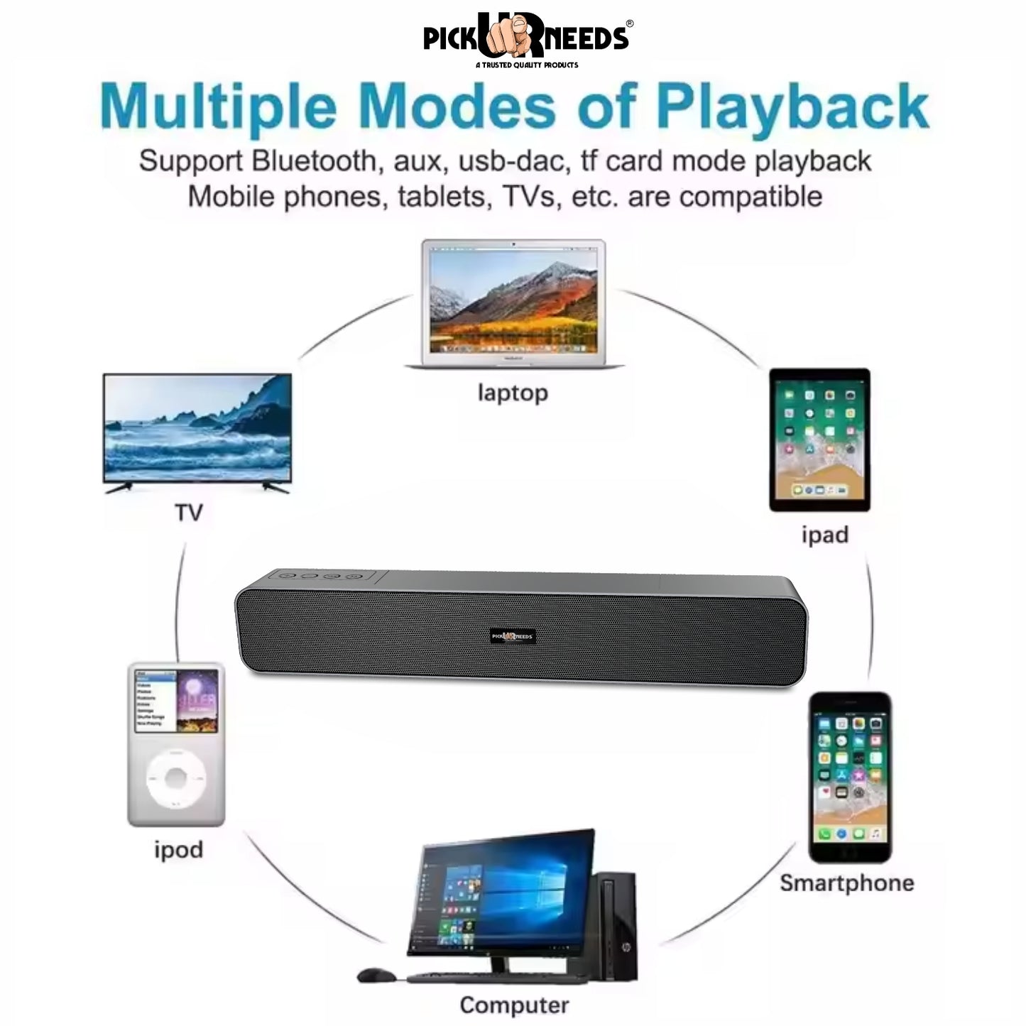 Pick Ur Needs 10W Portable Rechargeable Bluetooth Speaker with 1200mAh Battery – 4 Hours Playtime, Fm Radio/AUX/USB/TF Card Support, Wireless Soundbar