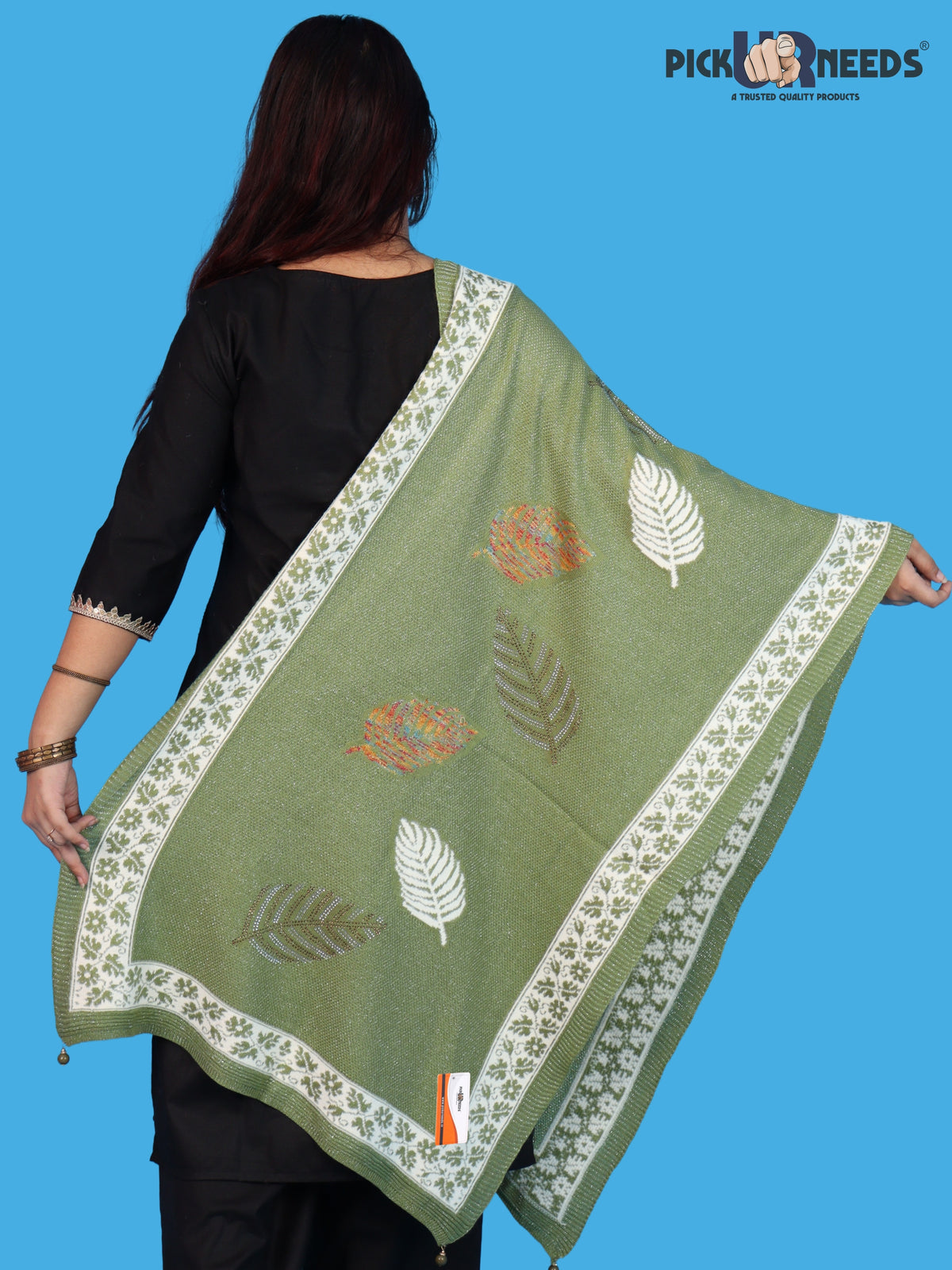 Pick Ur Needs Girls & Womens Winter Soft Lightweight Knitted Shawl with Leaf Design, Floral Border & Decorative Tassels