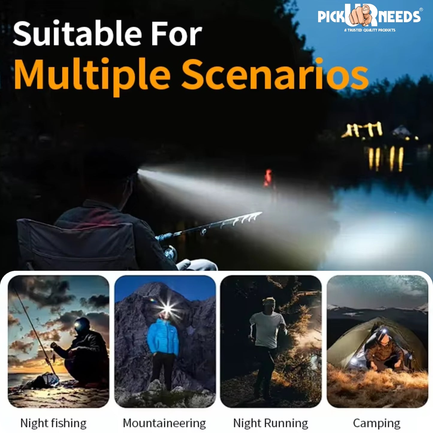 Pick Ur Needs Rechargeable Headlamp With 2400 mAh Lithium Battery Type C Charge 150 Watt Laser 5 hrs Torch Emergency Light  (Copper)