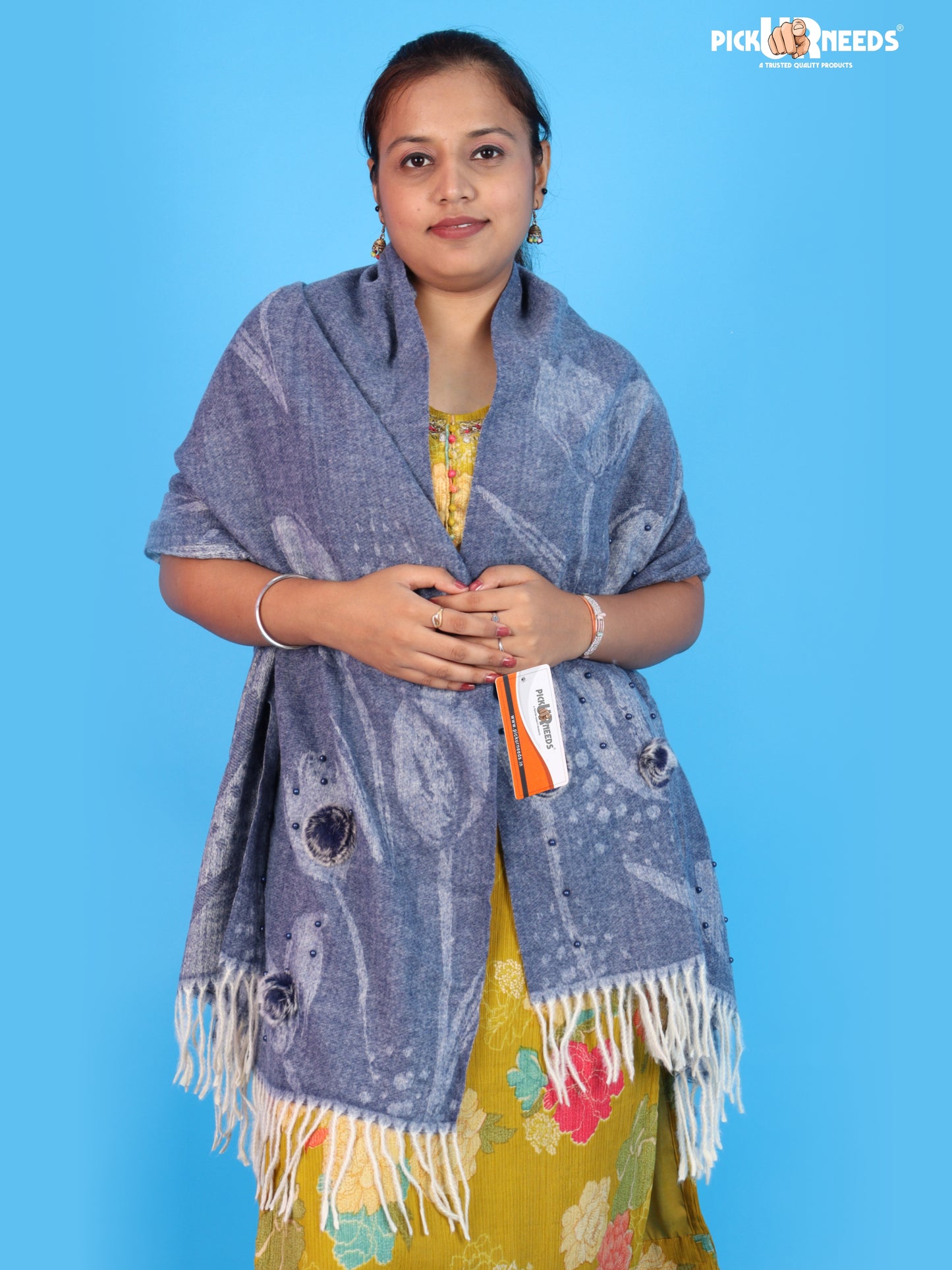 Pick Ur Needs Ladies Premium Printed Winter Shawl with Floral Pattern, Decorative Bead Detailing, Soft Warm Wrap with Fringe Tassels for Women & Girls