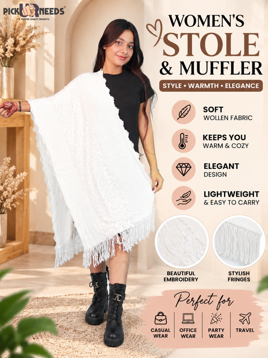 Pick Ur Needs Girls & Womens Shawl with Embroidered Lace Work, Bead Detailing and Fringe Tassels, Elegant Woollen Winter Stole