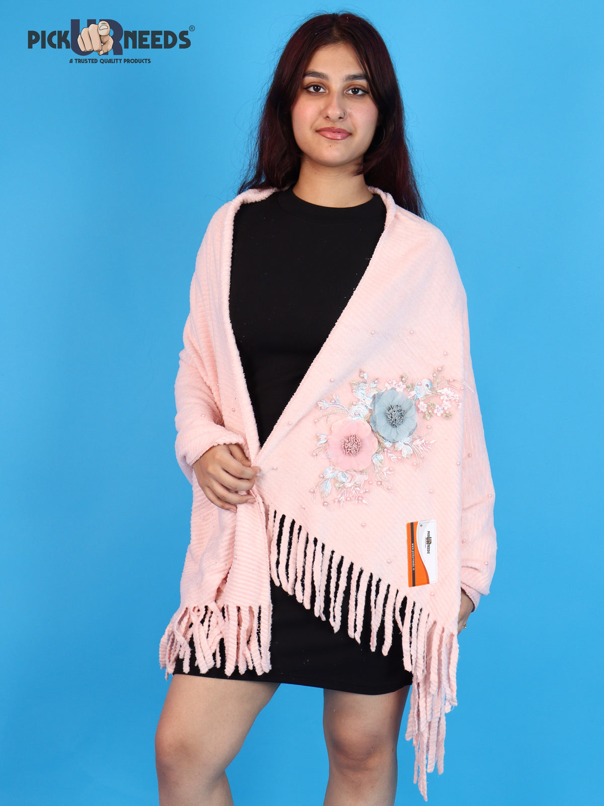 Pick Ur Needs Premium Floral Embroidered Winter Shawl Stole Soft Warm Wrap with Pearl Embellishments & Fringed Border For Girls & Womens