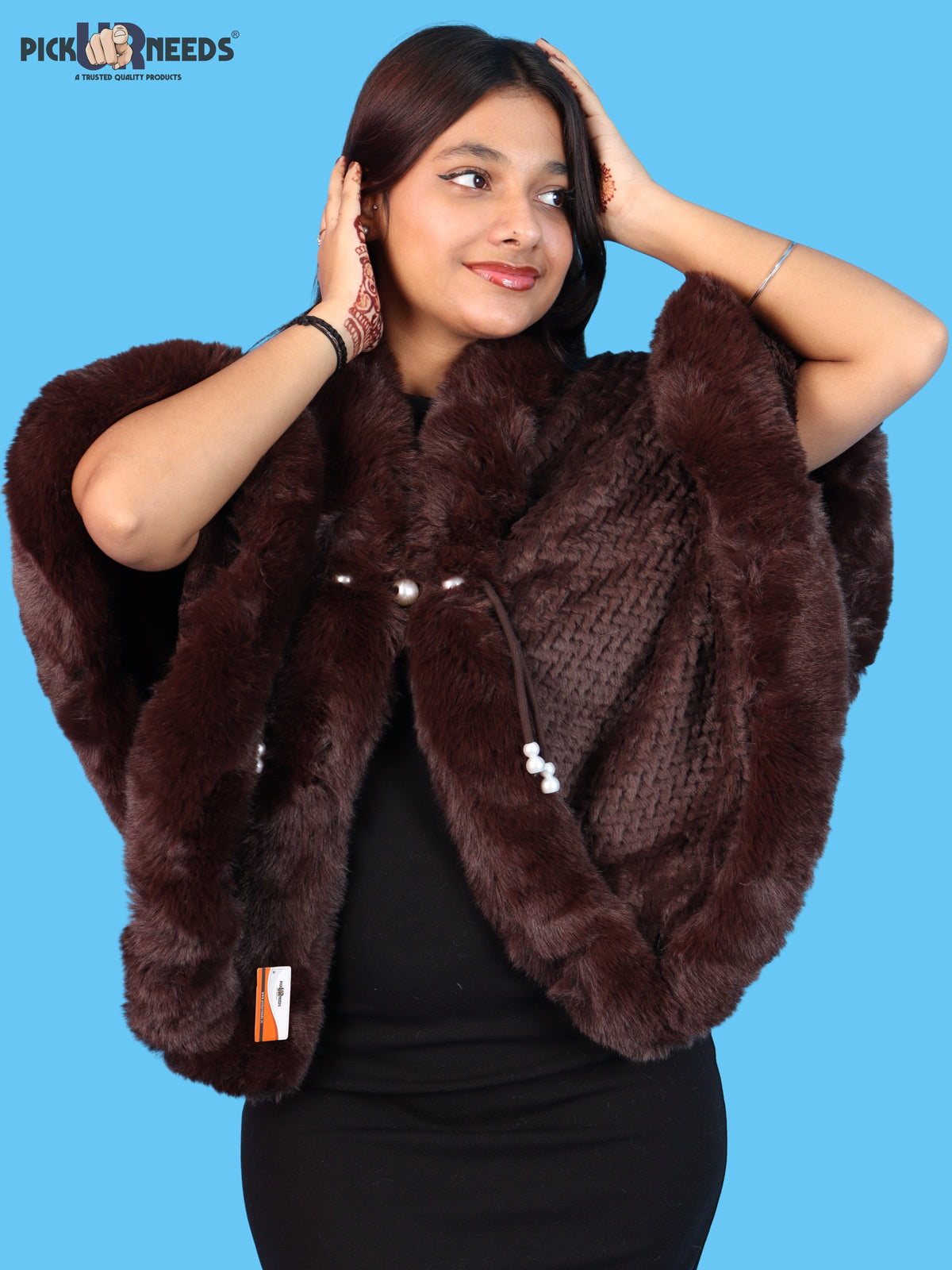 Pick Ur Needs Ladies Winter Shrug with Plush Fur Style Border & Pearl Bead Accents Textured Soft Fabric Open Front Cape Poncho with Wide Sleeves for Girls & Women