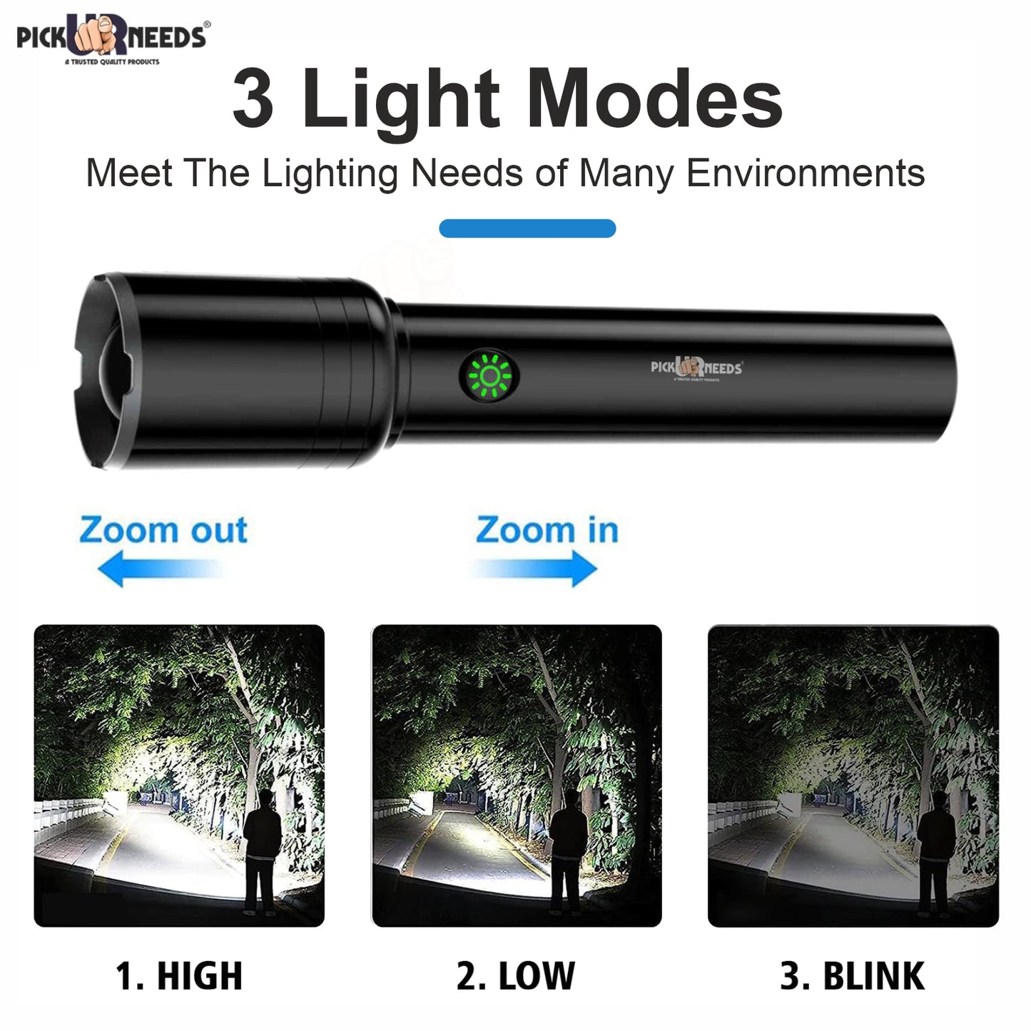 Pick Ur Needs Rechargeable Torch Light Adjustable Focus 3 Mode LED 50 Watt High Brightness LED Torch  (Black, 17 cm, Rechargeable)