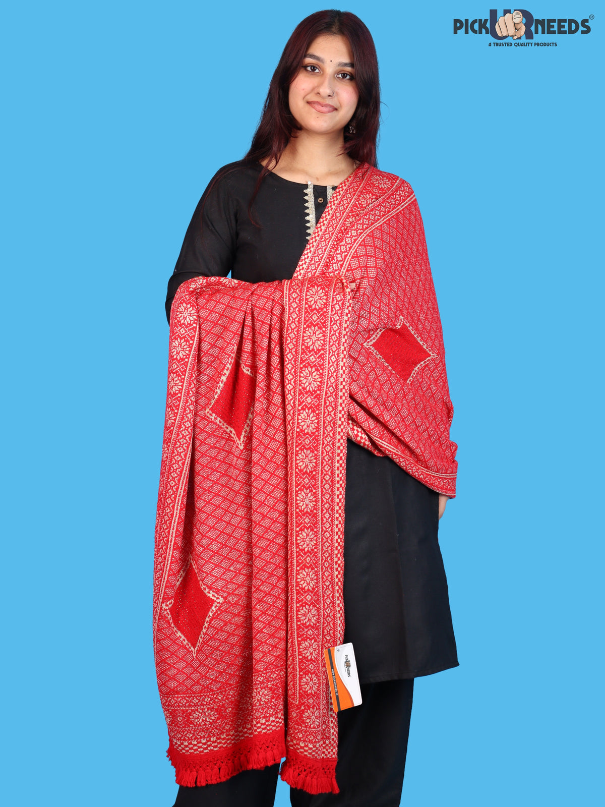 Pick Ur Needs Women & Girls Designer Shawl Stole with Elegant Woven Floral & Geometric Pattern, Soft Warm Winter Wrap with Fringed Border, Stylish Shoulder Scarf for Ladies