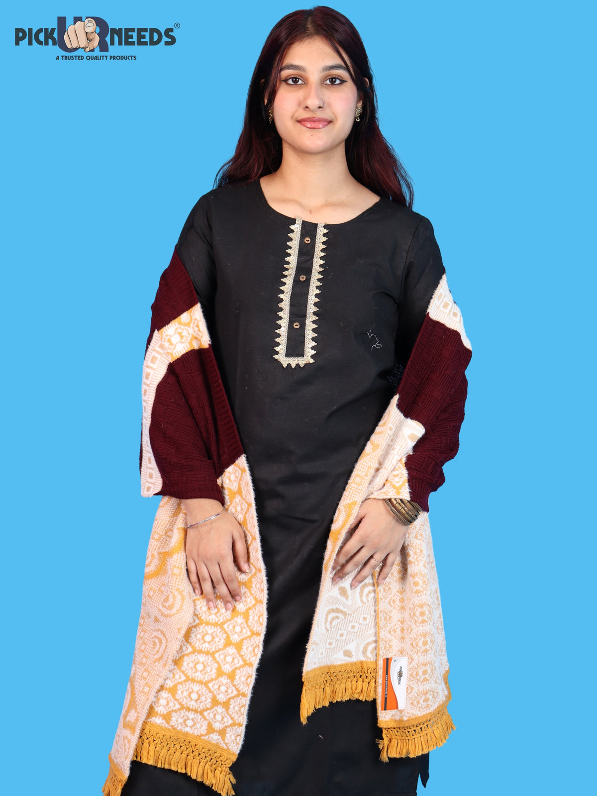 Pick Ur Needs Winter Girls & Womens Woolen Shawl, Soft Warm Printed Wrap with Elegant Pattern & Fringe Border