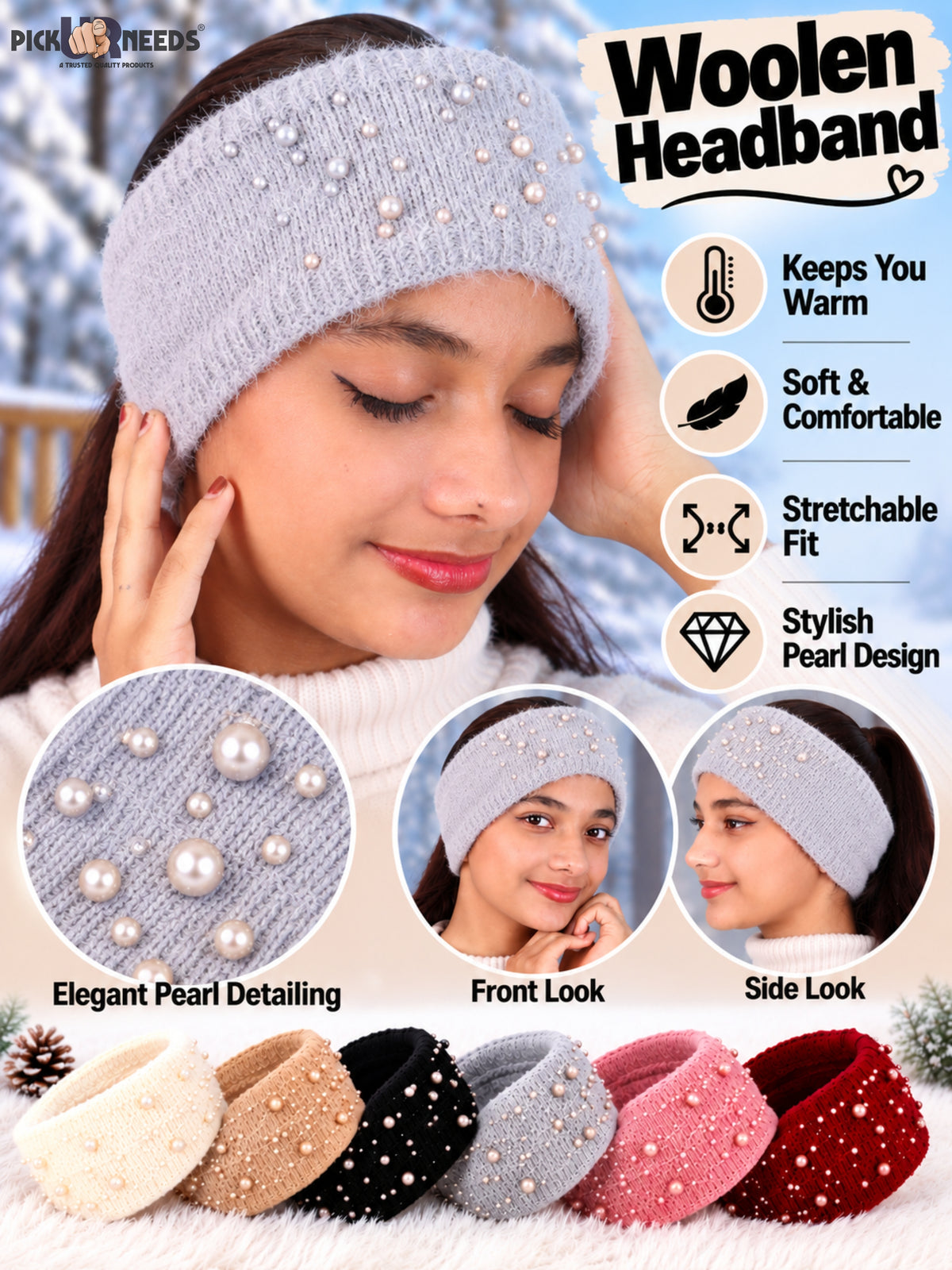 Pick Ur Needs Womens & Girls Soft Woolen Headband with Elegant Pearl Design Warm Stretchable Winter Ear Warmer Kanpatti.