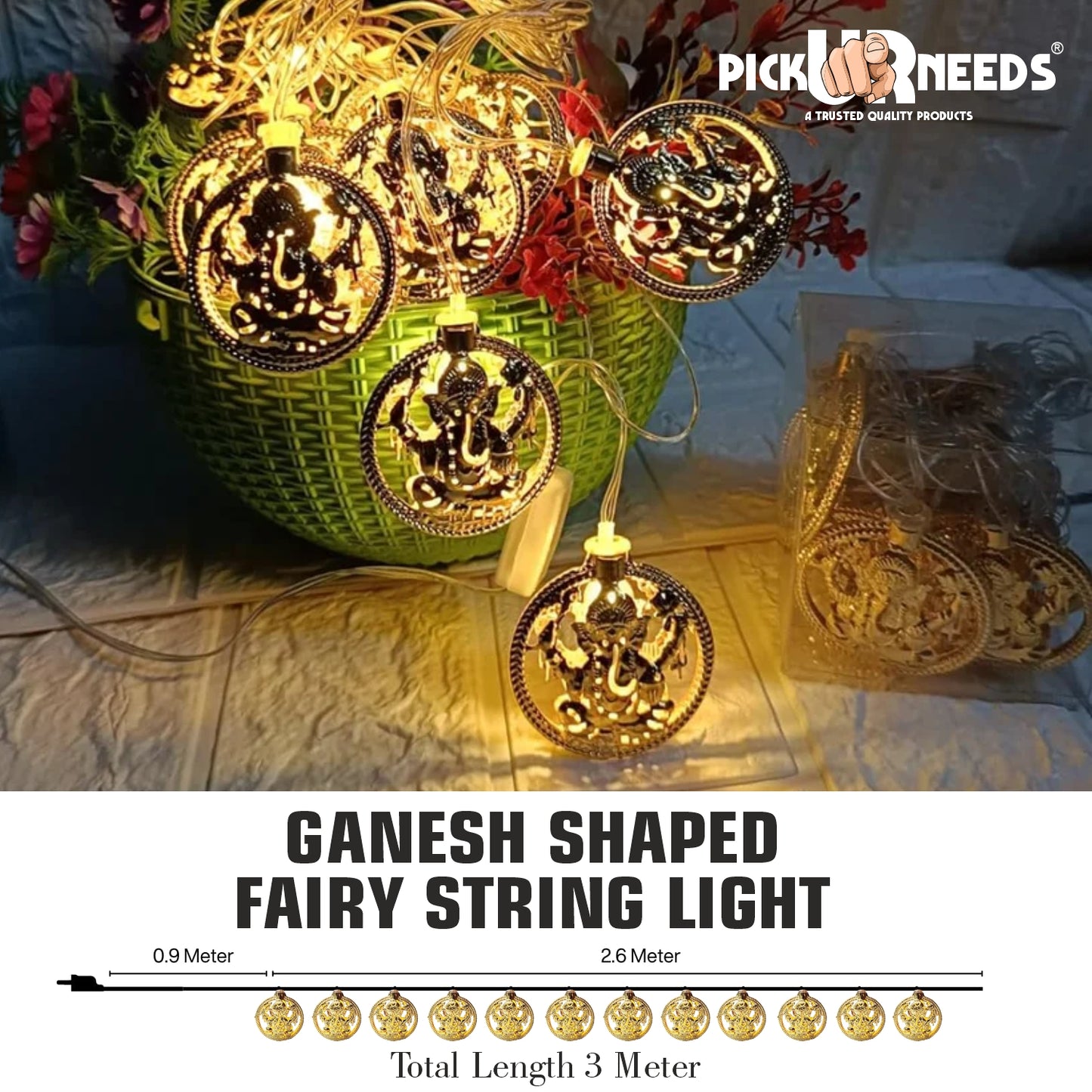 Pick Ur Needs Ganesh Ji Diwali String Metal Hanging Lights, Warm White Round 3D Curtain Lights for Window, Wall, Door, Party, Festival Décor, Home Office Decoration