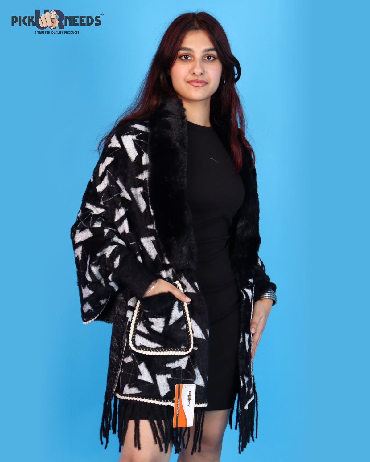 Pick Ur Needs Womens Warm Woolen Girls Shawl with Fur Collar, Elegant Printed Winter Wrap with Decorative Border & Tassel, Stylish Shoulder Stole for Wedding Party