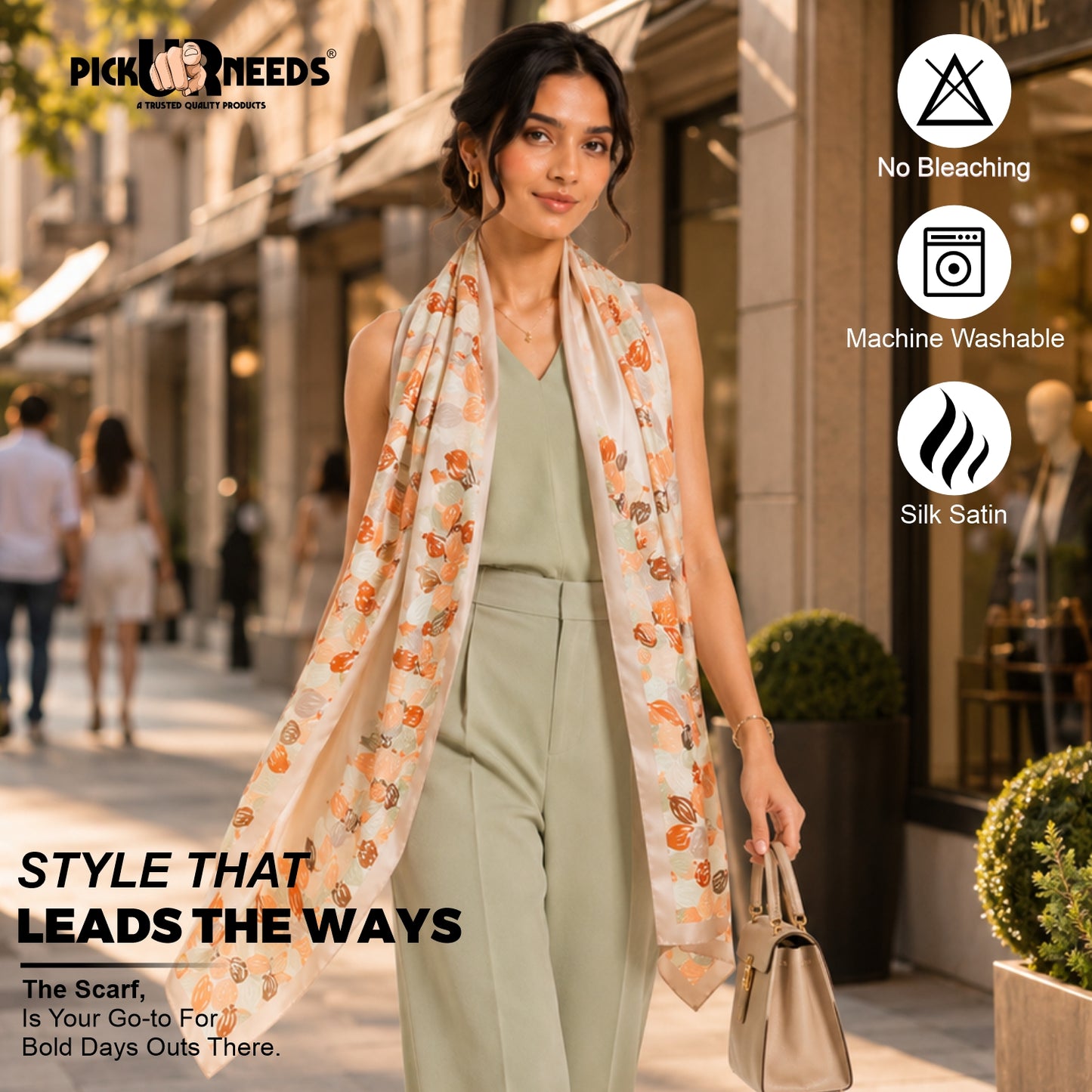 Pick Ur Needs Premium Satin Silk Feel Rectangle Scarf for Womens & Girls Floral Printed Long Fashion Stall Soft Lightweight Neck, Head & Shoulder Wrap