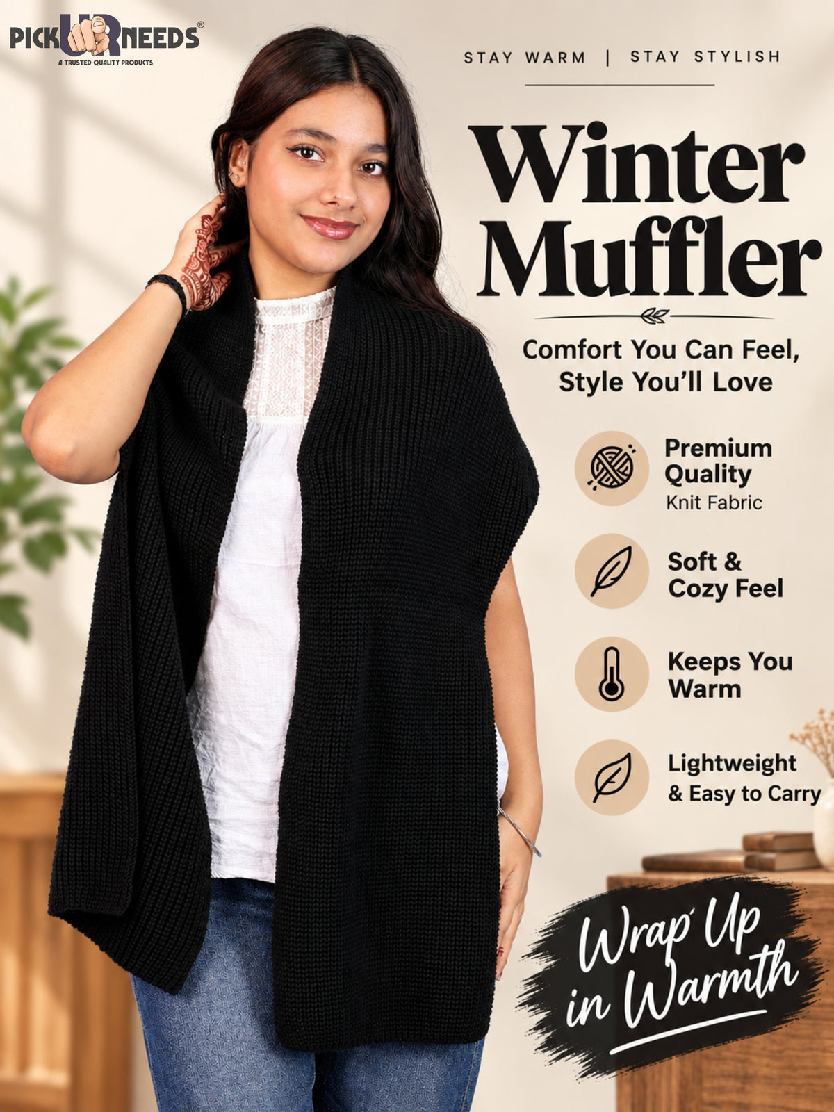Pick Ur Needs Soft Warm Winter Muffler Shawl Stole Knitted Wrap for Girls & Women Stylish Lightweight Shoulder Scarf