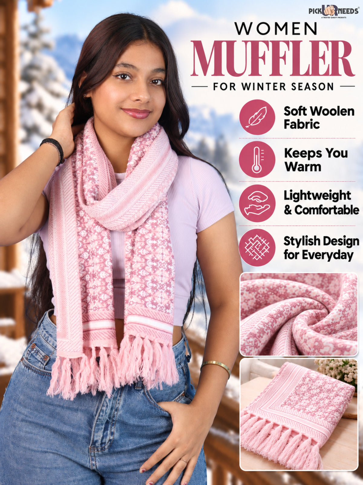 Pick Ur Needs Womens & Girls Super Soft Knitted Woolen Muffler Warm Winter Neck Scarf with Elegant Printed Design & Tassels