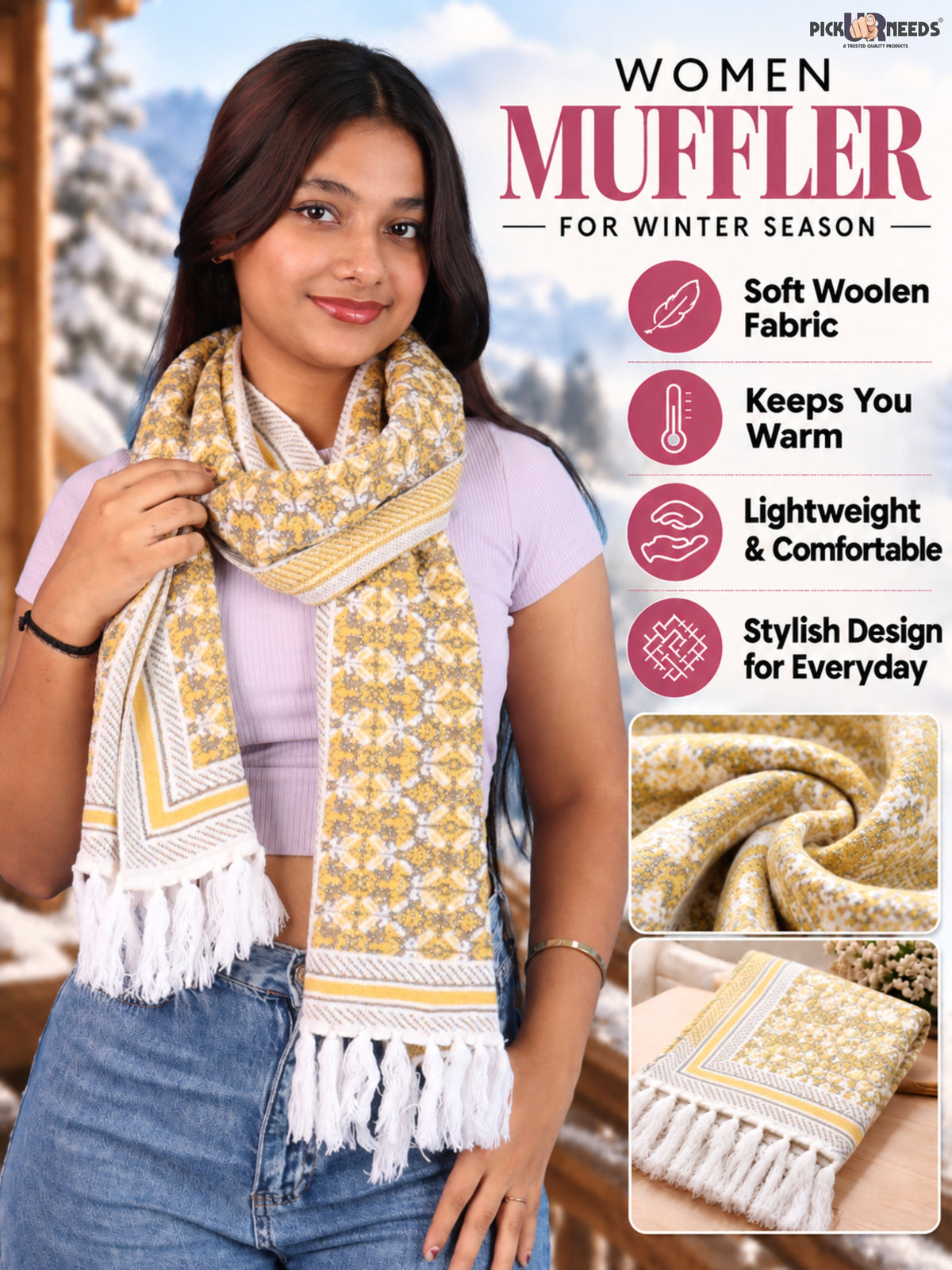 Pick Ur Needs Womens & Girls Super Soft Knitted Woolen Muffler Warm Winter Neck Scarf with Elegant Printed Design & Tassels
