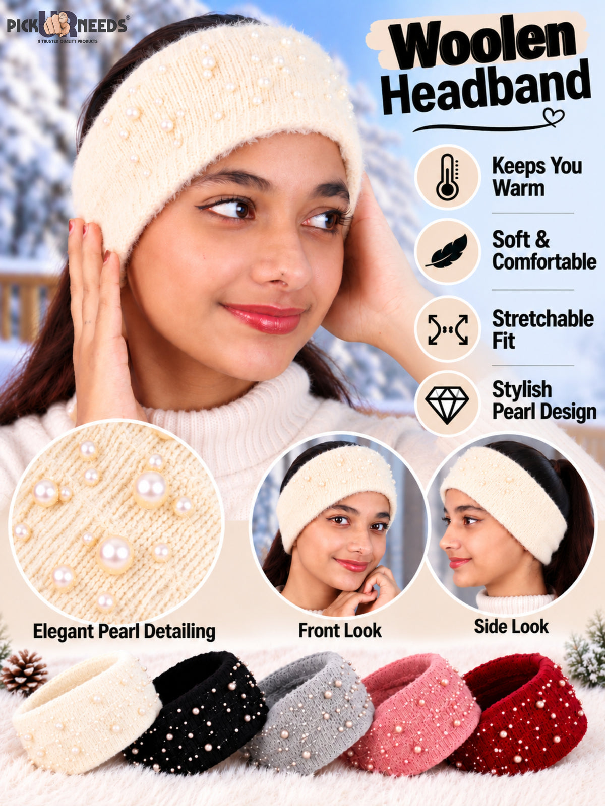 Pick Ur Needs Womens & Girls Soft Woolen Headband with Elegant Pearl Design Warm Stretchable Winter Ear Warmer Kanpatti.