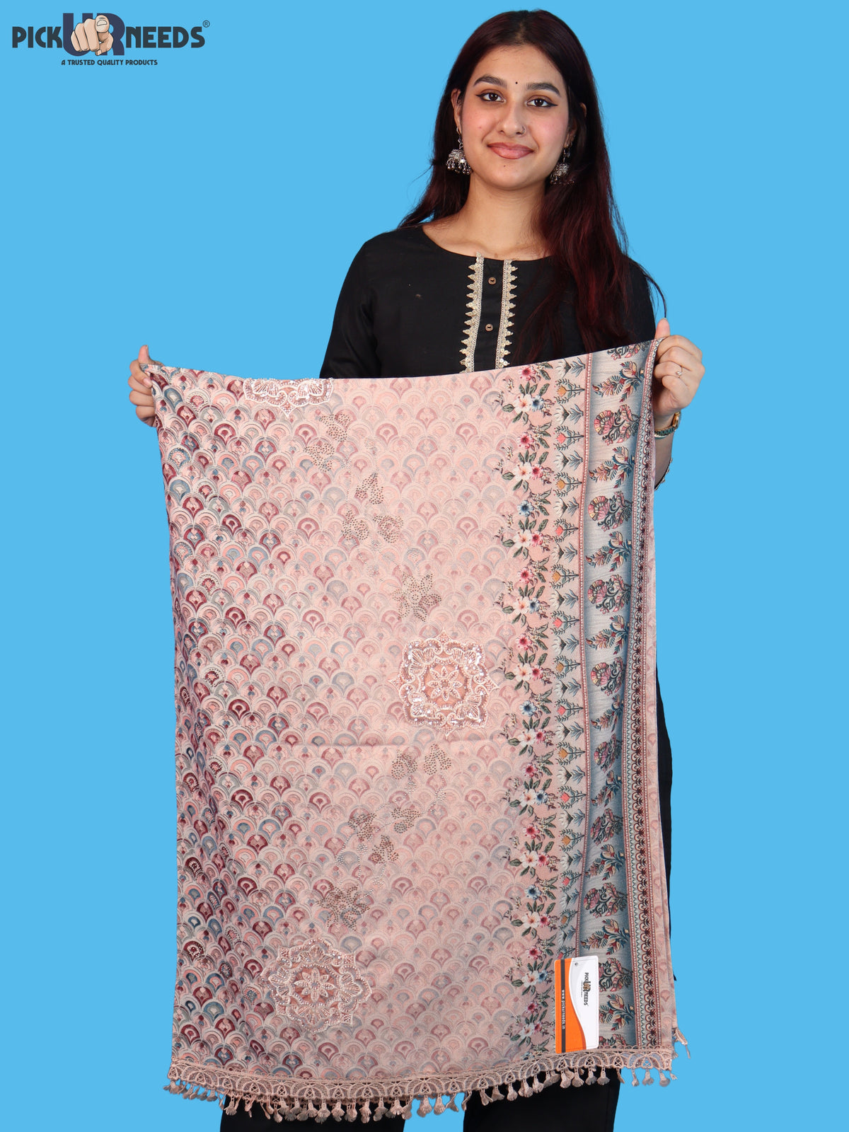 Pick Ur Needs Premium Stylish Womens & Girls Elegant Woolen Shawl Soft Warm Printed Stole with Lace Tassels