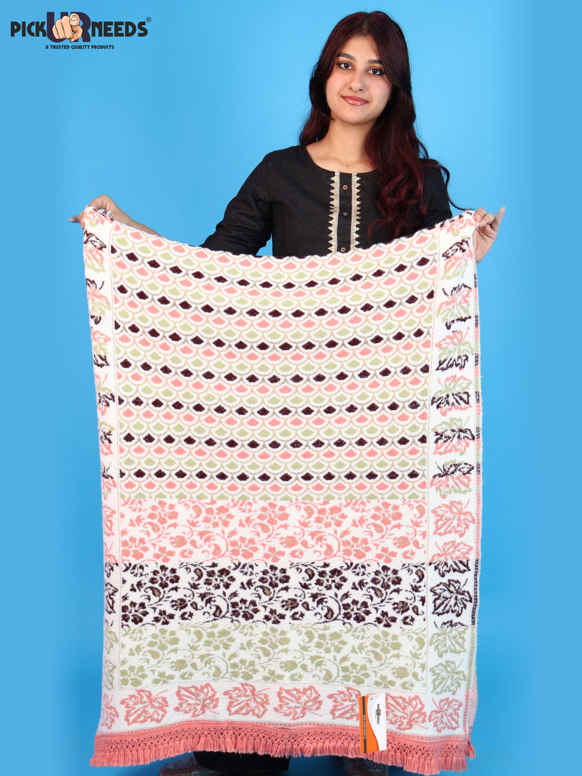 Pick Ur Needs Womens & Girls Winter Premium Shawl Floral Patterned Wool Blend Wrap with Decorative Border & Fringe Finish