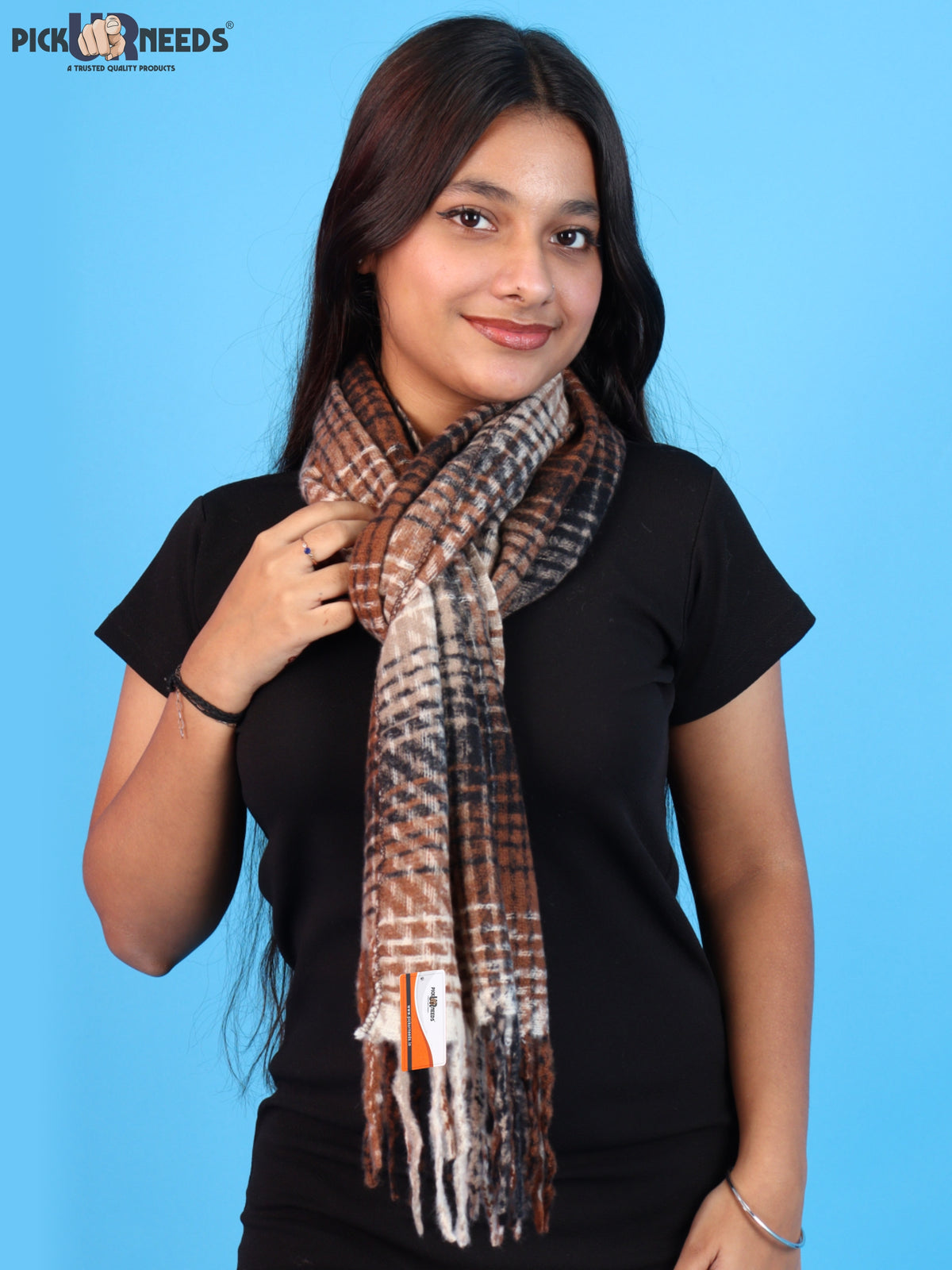 Pick Ur Needs Soft Woolen Girl's Muffler Scarf with Elegant Check Pattern,Warm & Cozy Winter Neck Wrap, Stylish Fringed Stole for Women & Girls