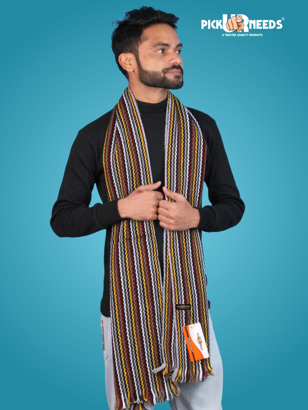 Pick Ur Needs Premium Men's Warm And Stylish Woolen Muffler With Multicolour Stripes And Stylish Tussles Ends