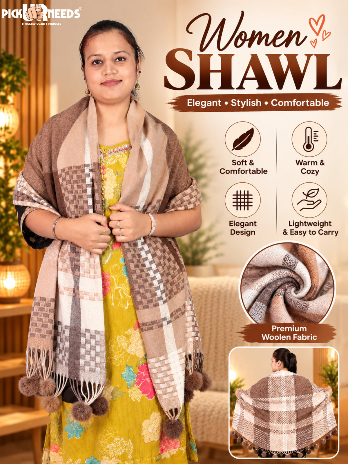 Pick Ur Needs Women Designer Winter Shawl with Geometric Checkered Pattern Shoulder Wrap with Tassels Stylish Stole for Girls Party, Casual & Ethnic Wear