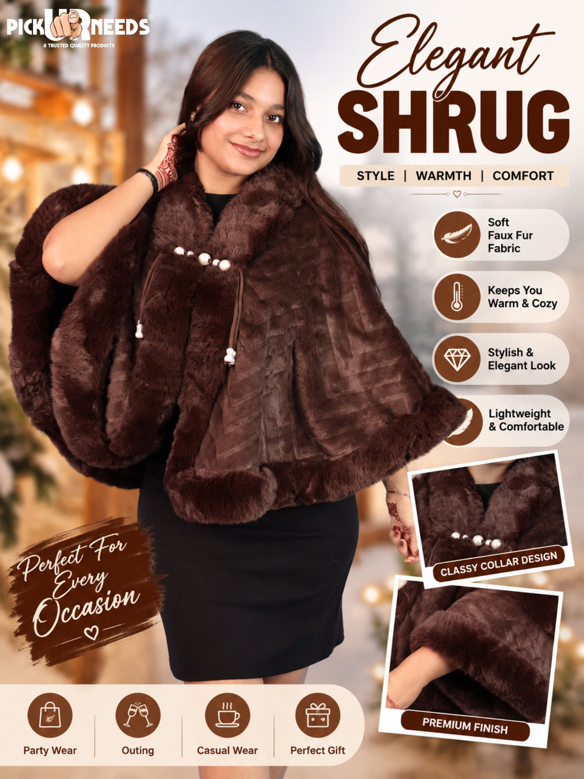 Pick Ur Needs Elegant Faux Fur Womens Shrug with Plush Collar,Soft Warm Winter Cape Poncho, Stylish Fluffy Shoulder Wrap for Ladies & Girls