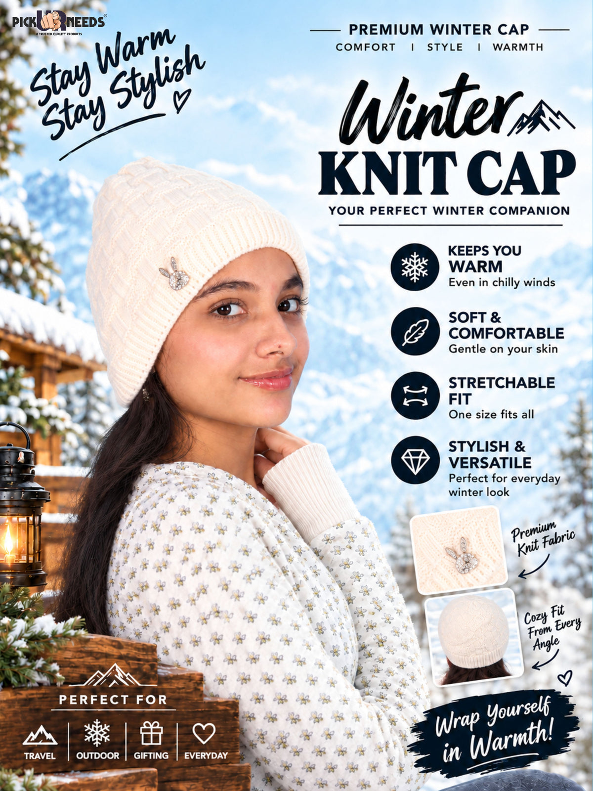 Pick Ur Needs Stylish Winter Cap for Women & Girls Warm Cozy Stretchable with Soft Knit Fabric