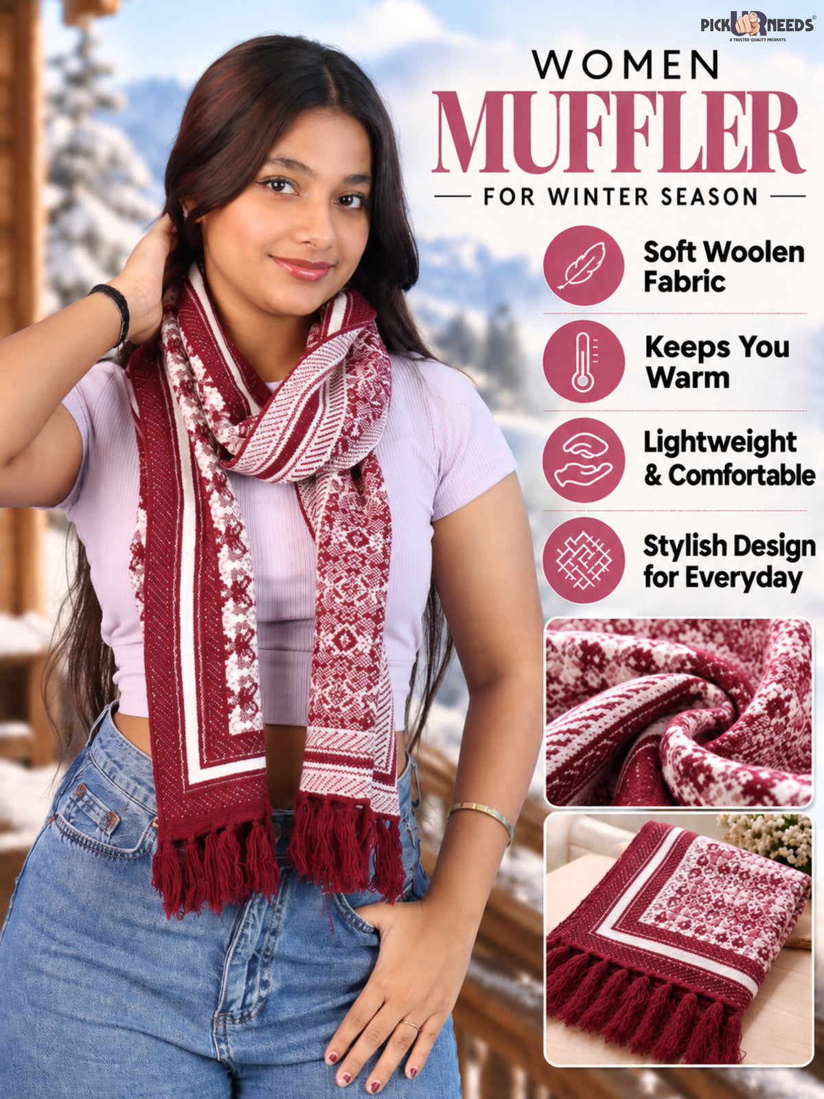 Pick Ur Needs Womens & Girls Super Soft Knitted Woolen Muffler Warm Winter Neck Scarf with Elegant Printed Design & Tassels