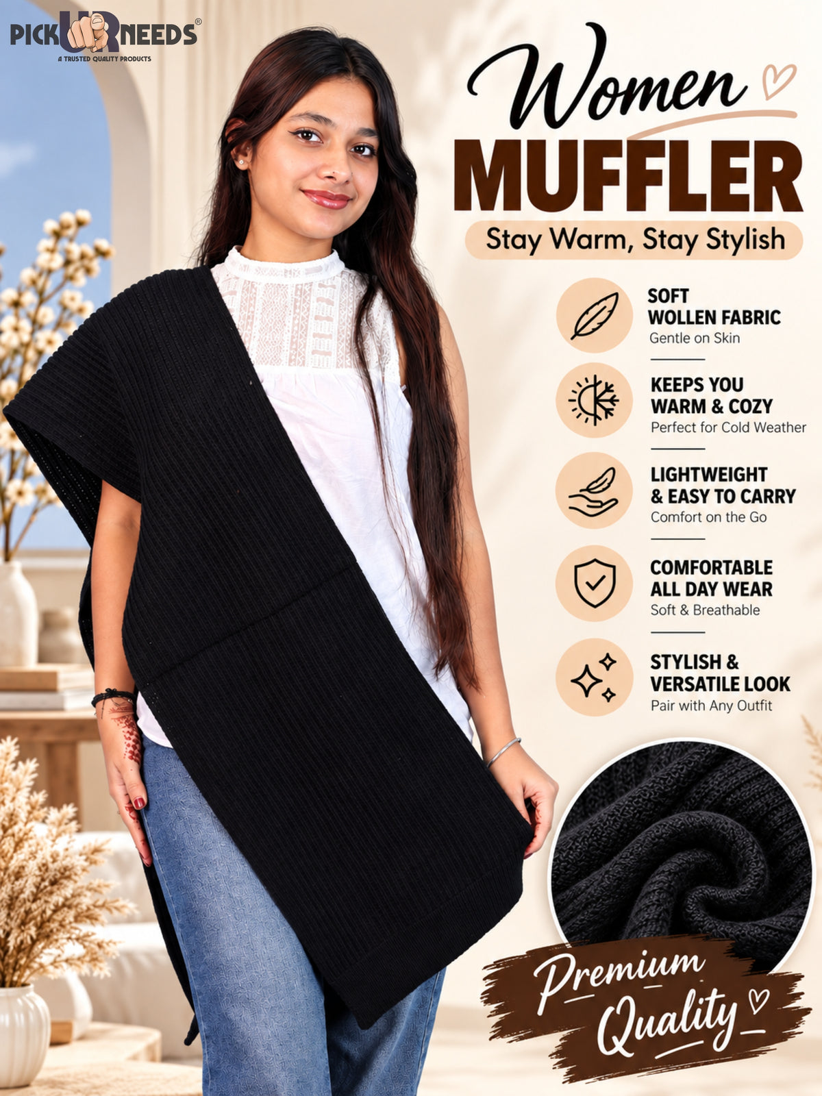 Pick Ur Needs Womens Stylish Knitted Muffler Scarf, Long Ribbed Knit Winter Neck Wrap, Soft Textured Cozy Scarf for Girls