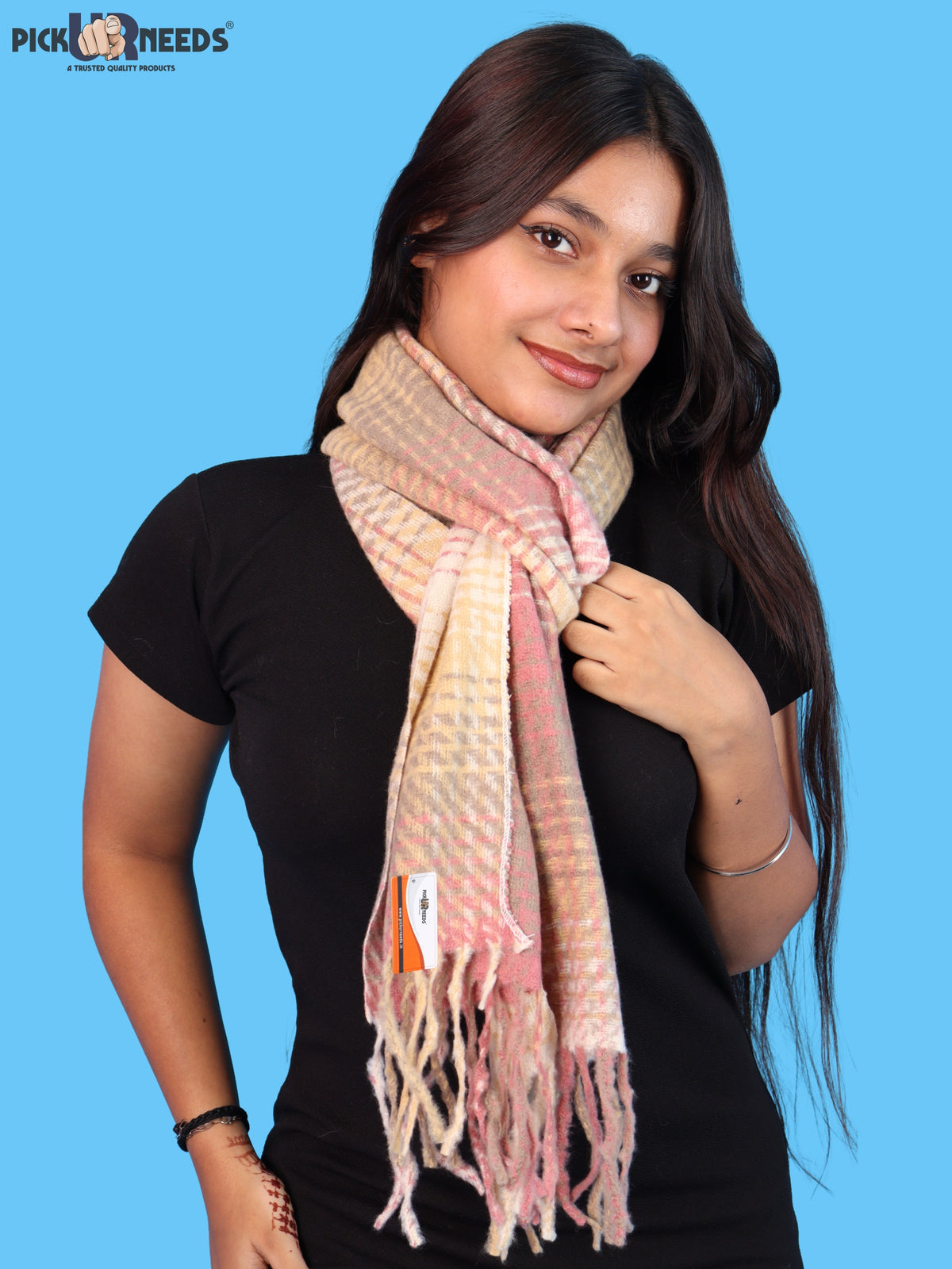 Pick Ur Needs Soft Woolen Girl's Muffler Scarf with Elegant Check Pattern,Warm & Cozy Winter Neck Wrap, Stylish Fringed Stole for Women & Girls