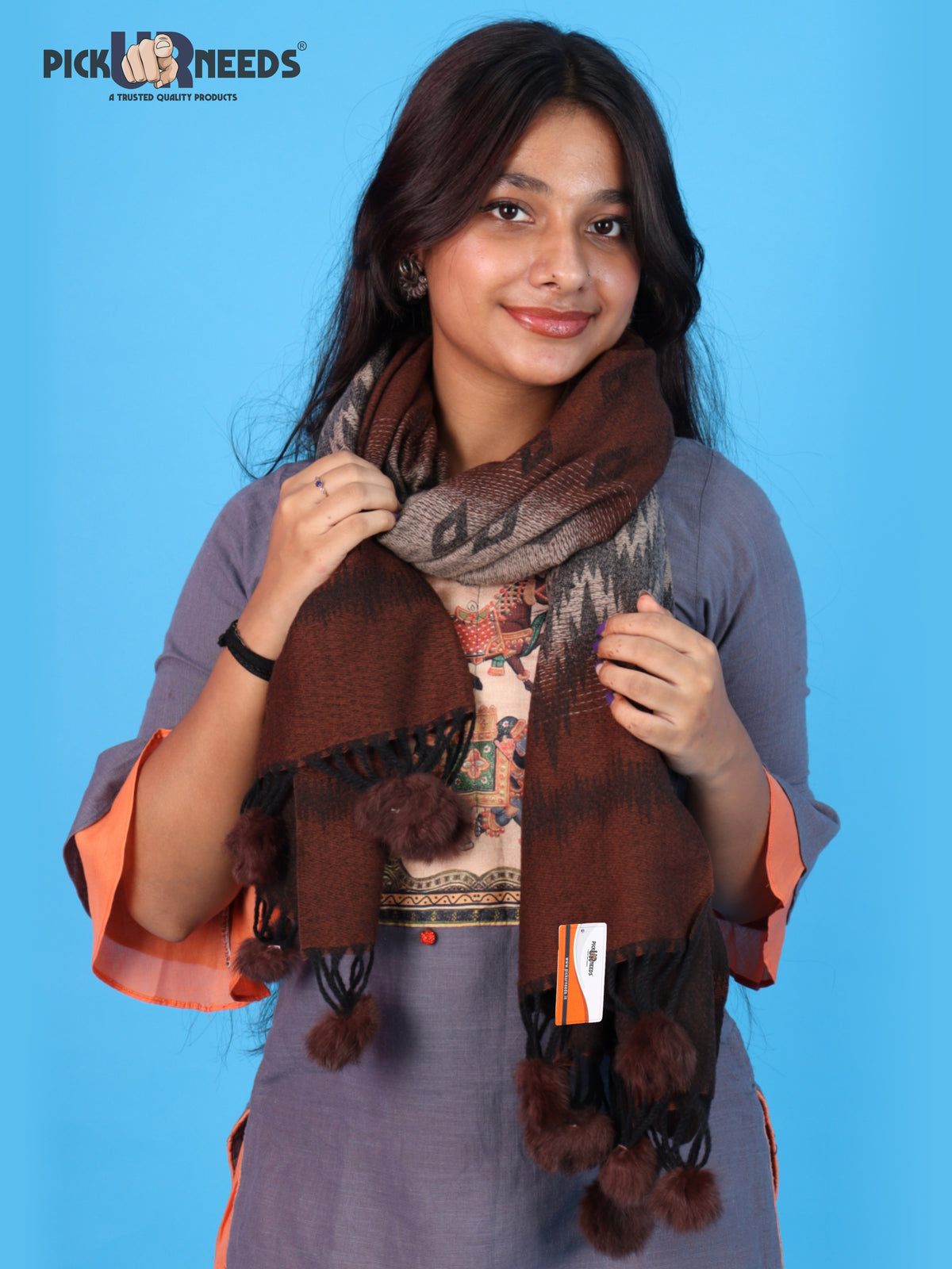Pick Ur Needs Women Winter Shawl Soft Warm Geometric Printed Woolen Style Stole with Pom Pom Tassels Stylish Long Wrap Muffler for Women & Girls
