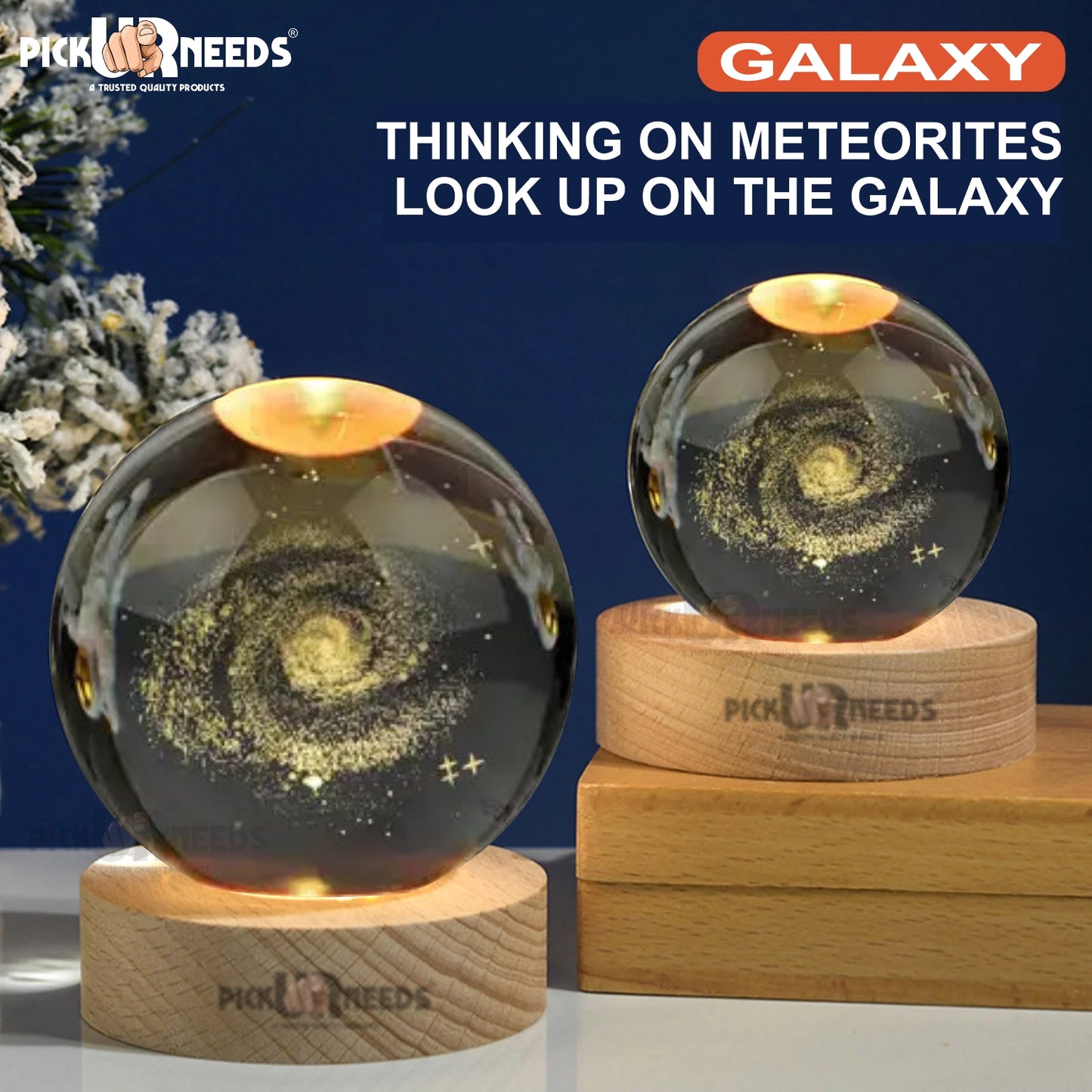 Pick Ur Needs 3D Galaxy Laxmi Ganesh Crystal Ball Night Light– Beech Wood Base– Decor for Home Night Lamp  (9.5 cm, Gold)