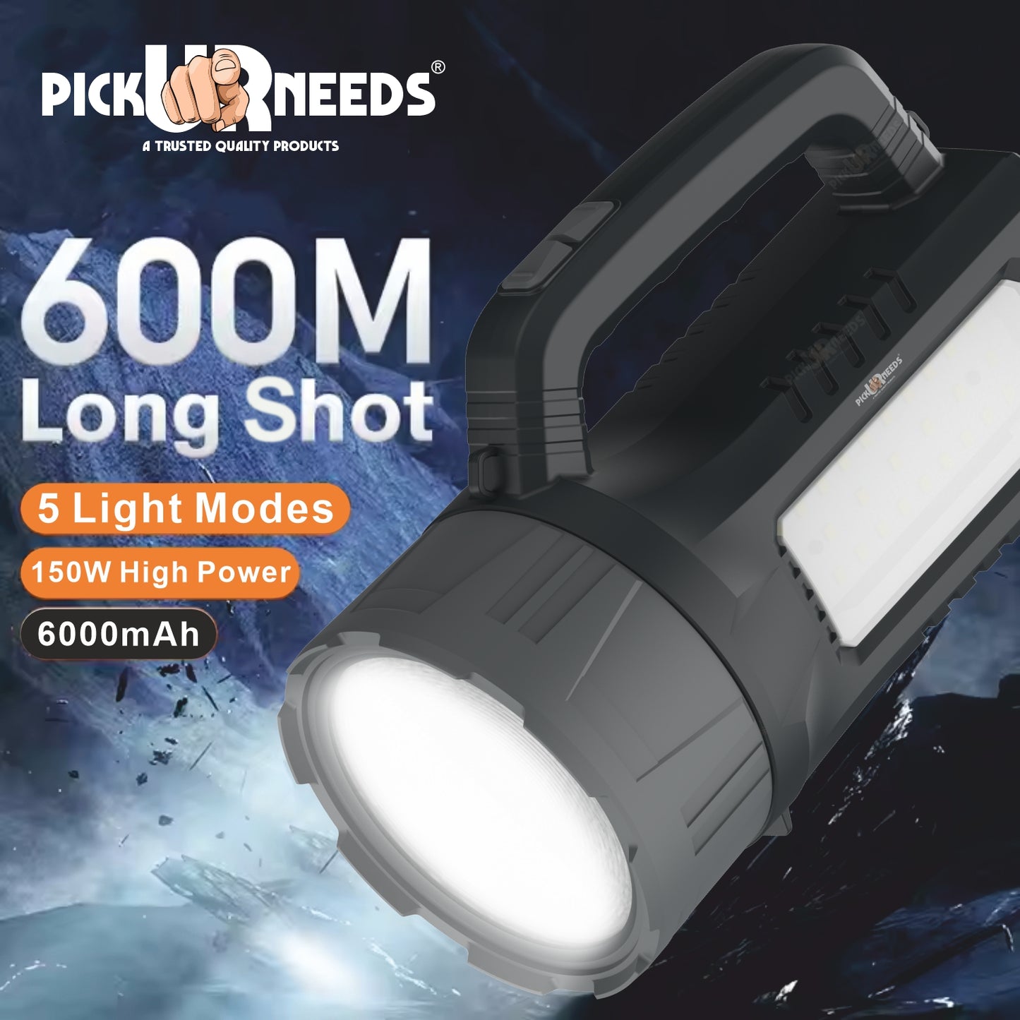 Pick Ur Needs Super Bright Zoomable 150W Long Range Rechargeable Search Laser Blinker Side COB Torch  (Grey, 11 cm, Rechargeable)