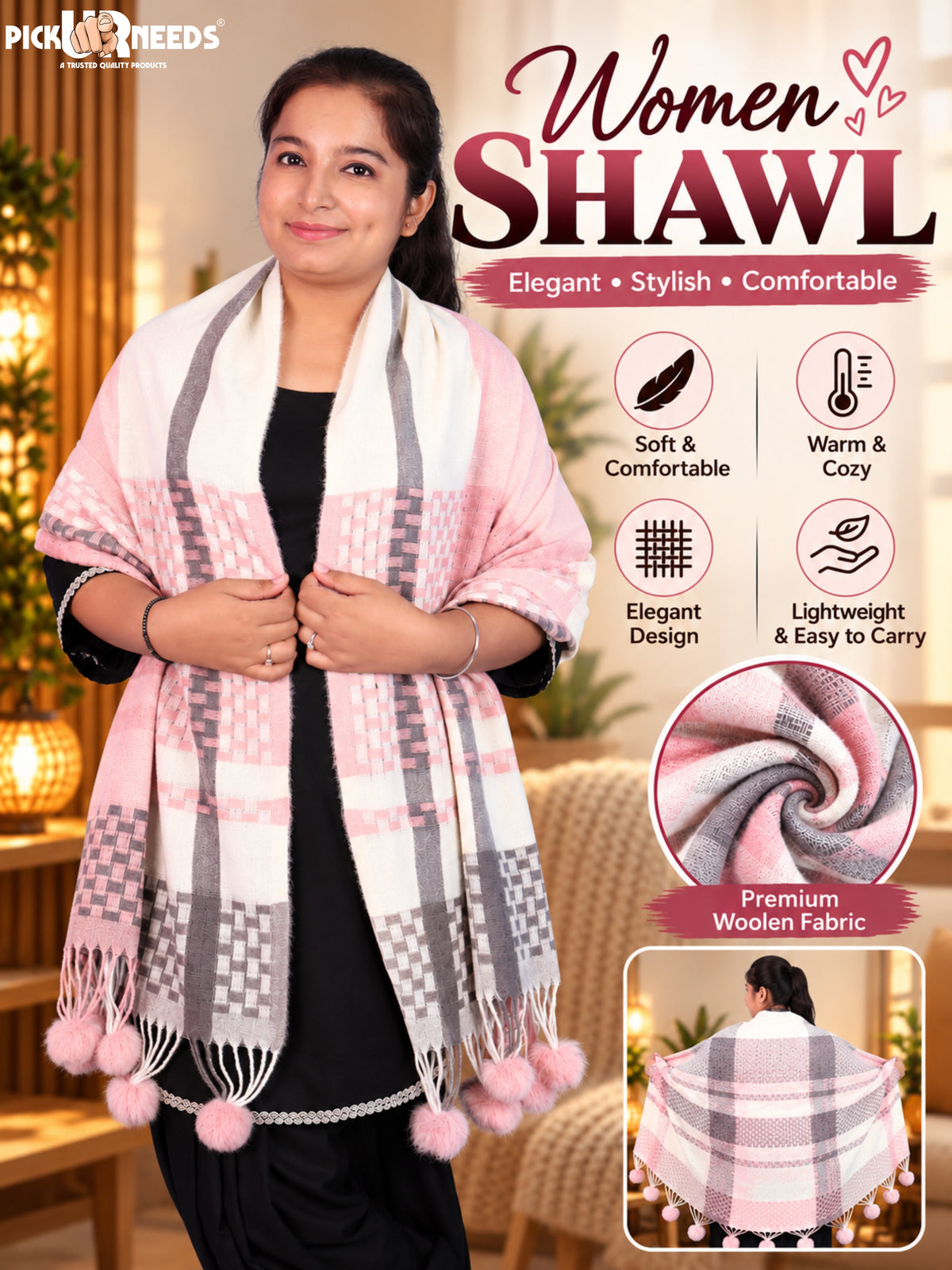 Pick Ur Needs Women Designer Winter Shawl with Geometric Checkered Pattern Shoulder Wrap with Tassels Stylish Stole for Girls Party, Casual & Ethnic Wear