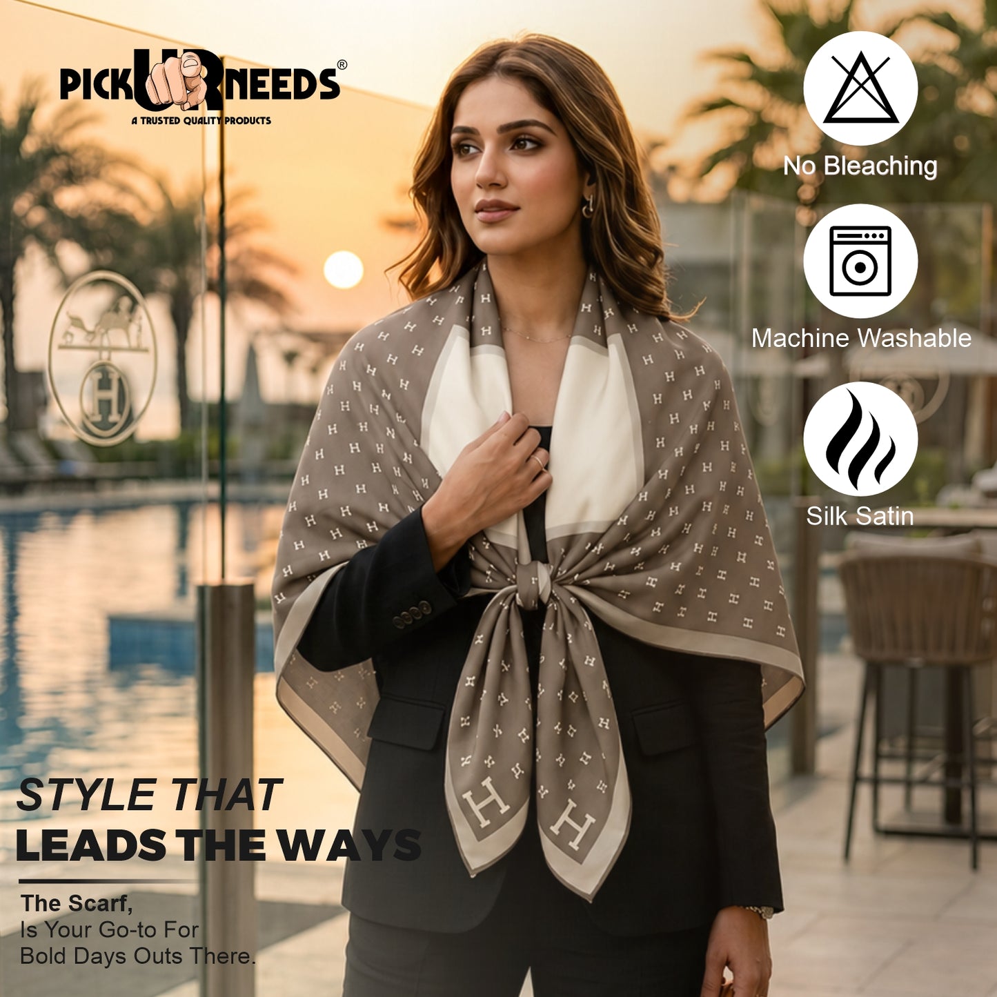 Pick Ur Needs Elegant Womens Premium Printed Satin Silk Feel Square Neck & Head Girls Scarf
