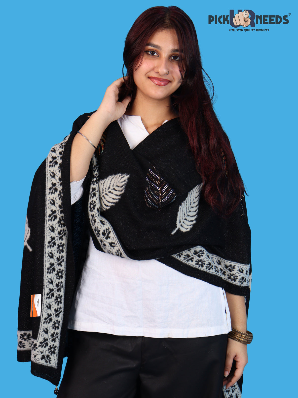 Pick Ur Needs Girls & Womens Winter Soft Lightweight Knitted Shawl with Leaf Design, Floral Border & Decorative Tassels