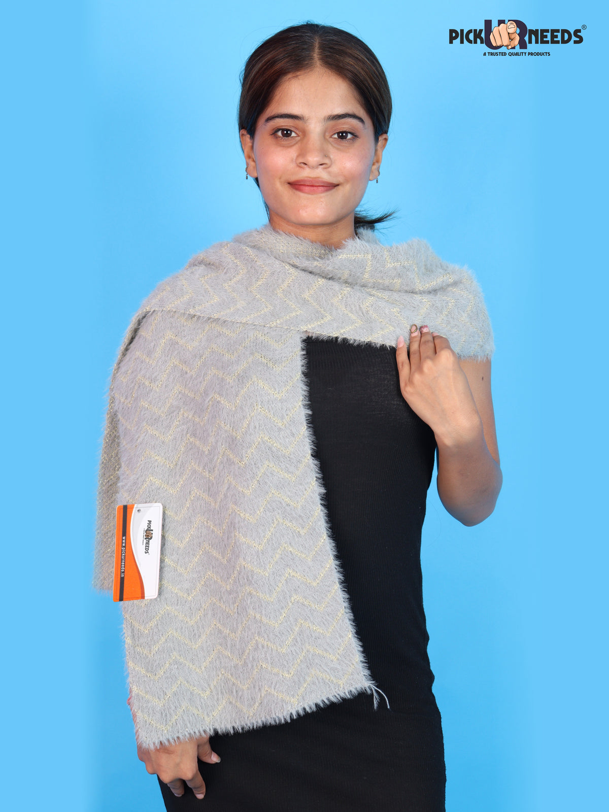 Pick Ur Needs Premium Woolen Winter Muffler with Gold Zigzag Pattern | Soft, Warm & Stylish Scarf for Women