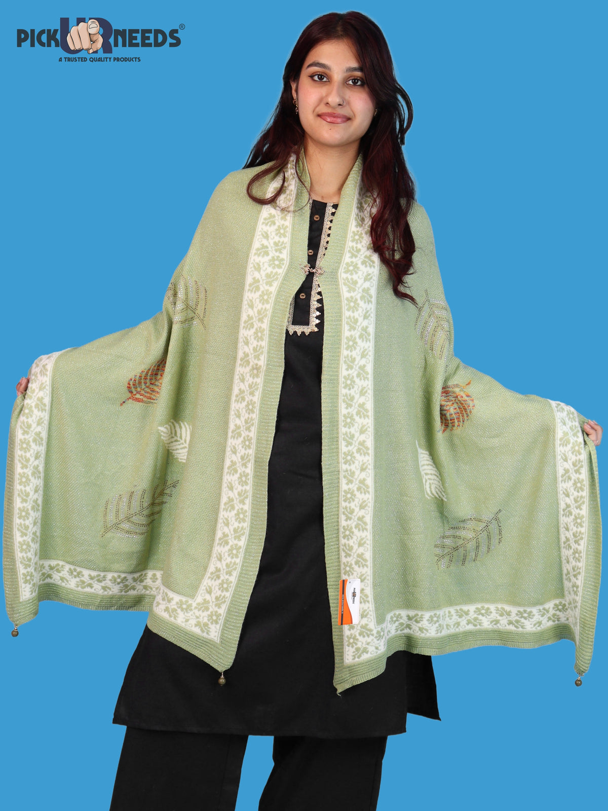 Pick Ur Needs Girls & Womens Winter Soft Lightweight Knitted Shawl with Leaf Design, Floral Border & Decorative Tassels