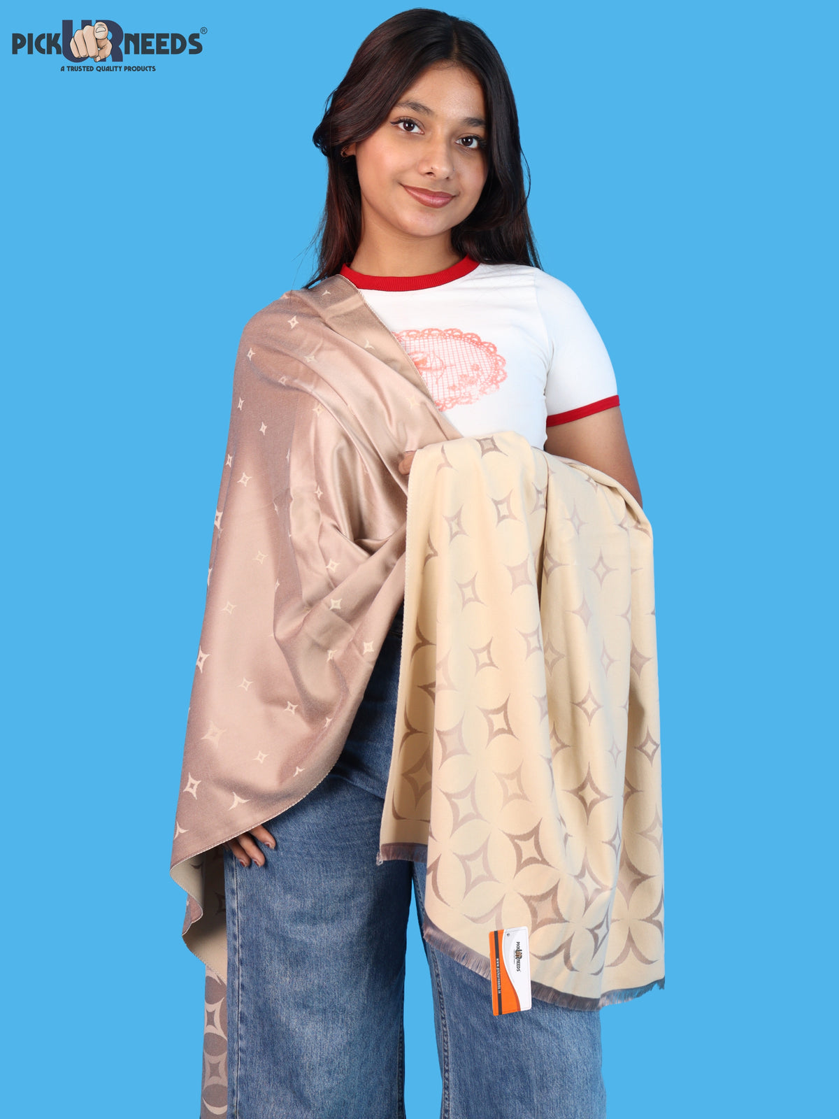 Pick Ur Needs Premium Womens 2-in-1 Reversible Shawl Stylish Printed Winter Shawls for Girls Soft Warm Woolen Stole