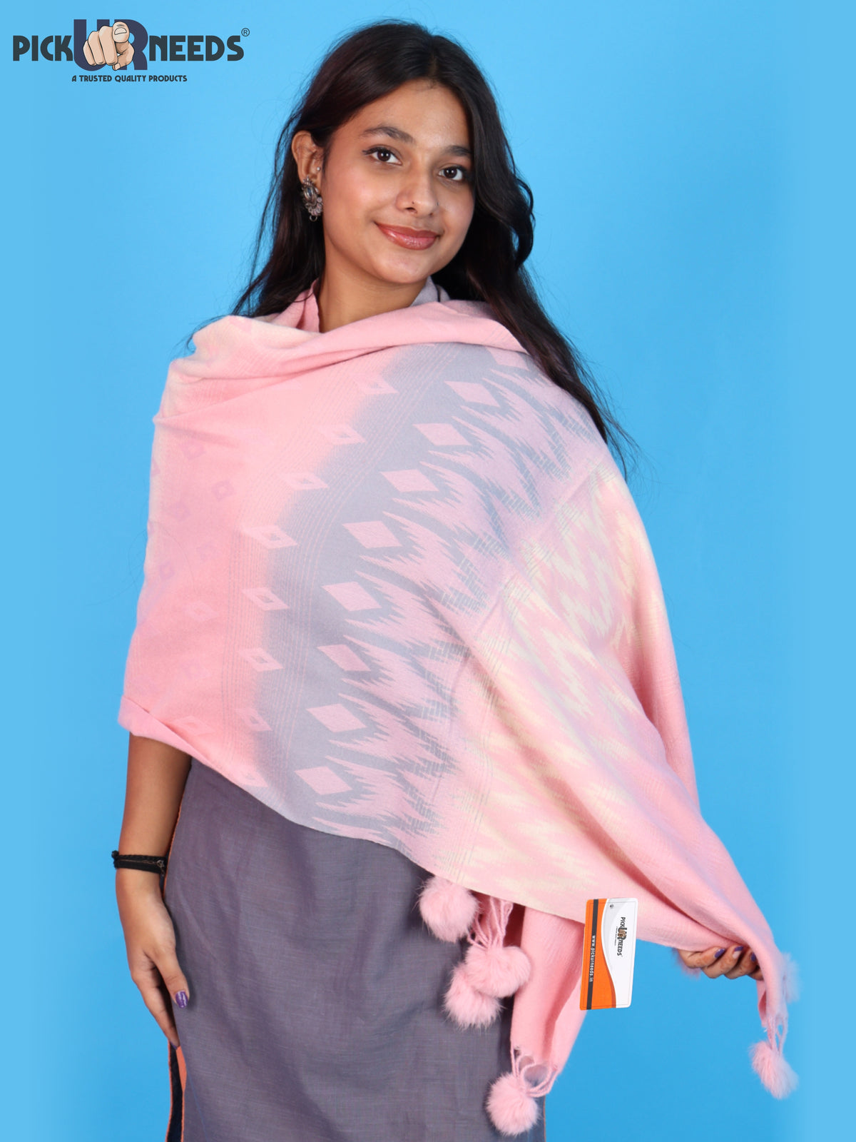 Pick Ur Needs Women Winter Shawl Soft Warm Geometric Printed Woolen Style Stole with Pom Pom Tassels Stylish Long Wrap Muffler for Women & Girls