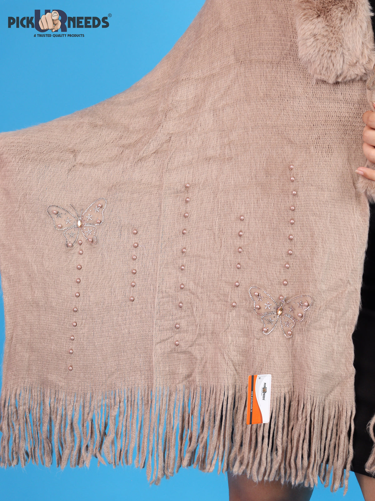 Pick Ur Needs Womens Faux Fur Collar Shrug with Pom Pom Tie Shawl Elegant Fringed Winter Wrap for Women & Girls