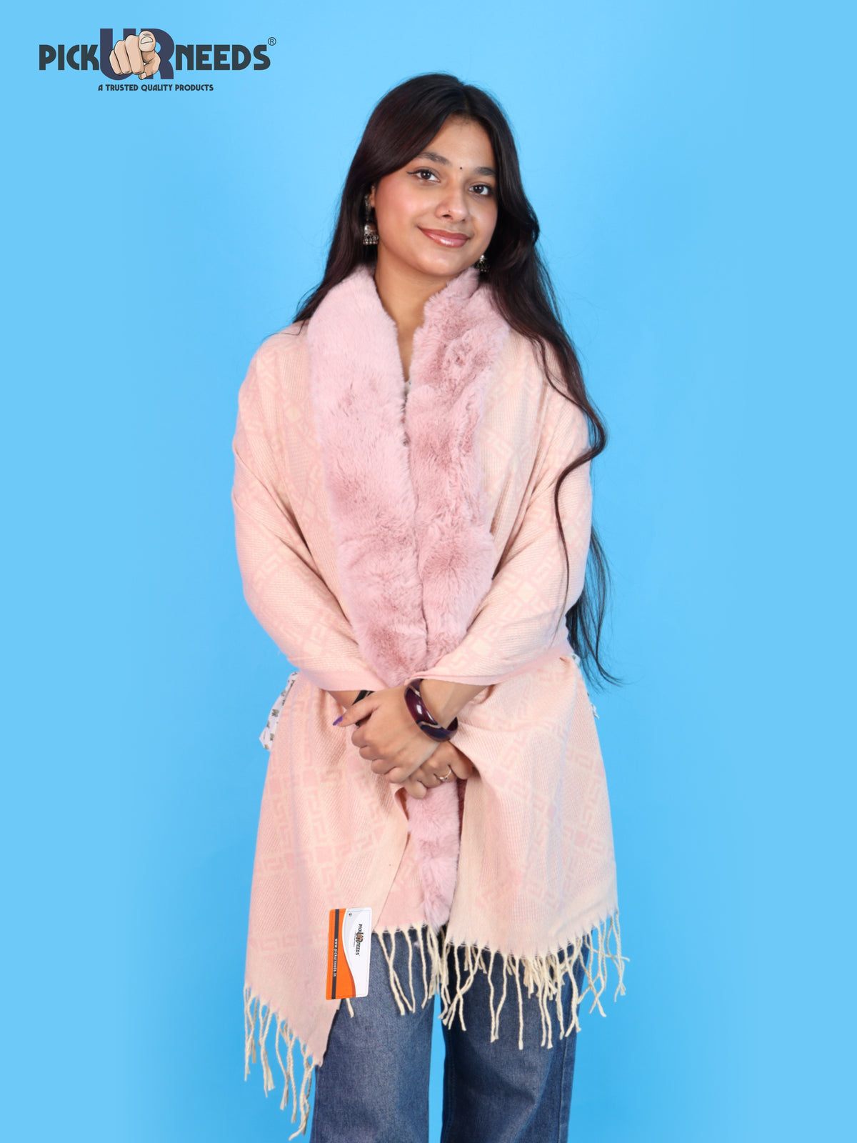 Pick Ur Needs Stylish Womens & Girls Winter Wear Shawl with Fur-Style Soft Warm Printed Wrap Stole with Fringes