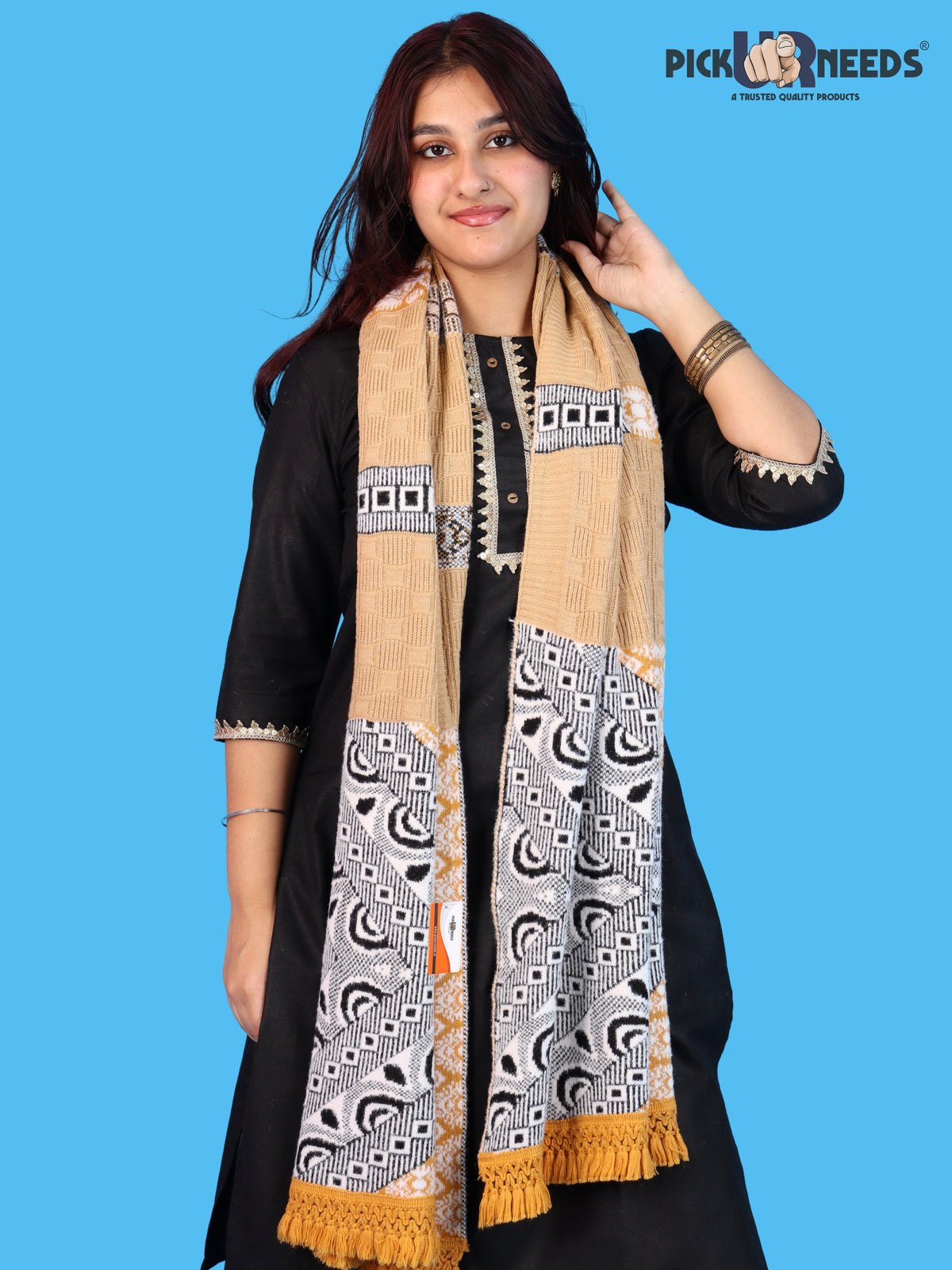 Pick Ur Needs Winter Girls & Womens Woolen Shawl, Soft Warm Printed Wrap with Elegant Pattern & Fringe Border